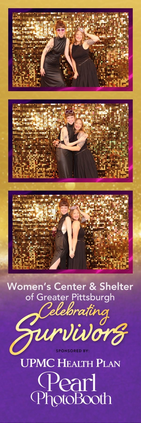 Two women pose playfully in a photo booth at the Women's Center & Shelter of Greater Pittsburgh Celebrating Survivors event.