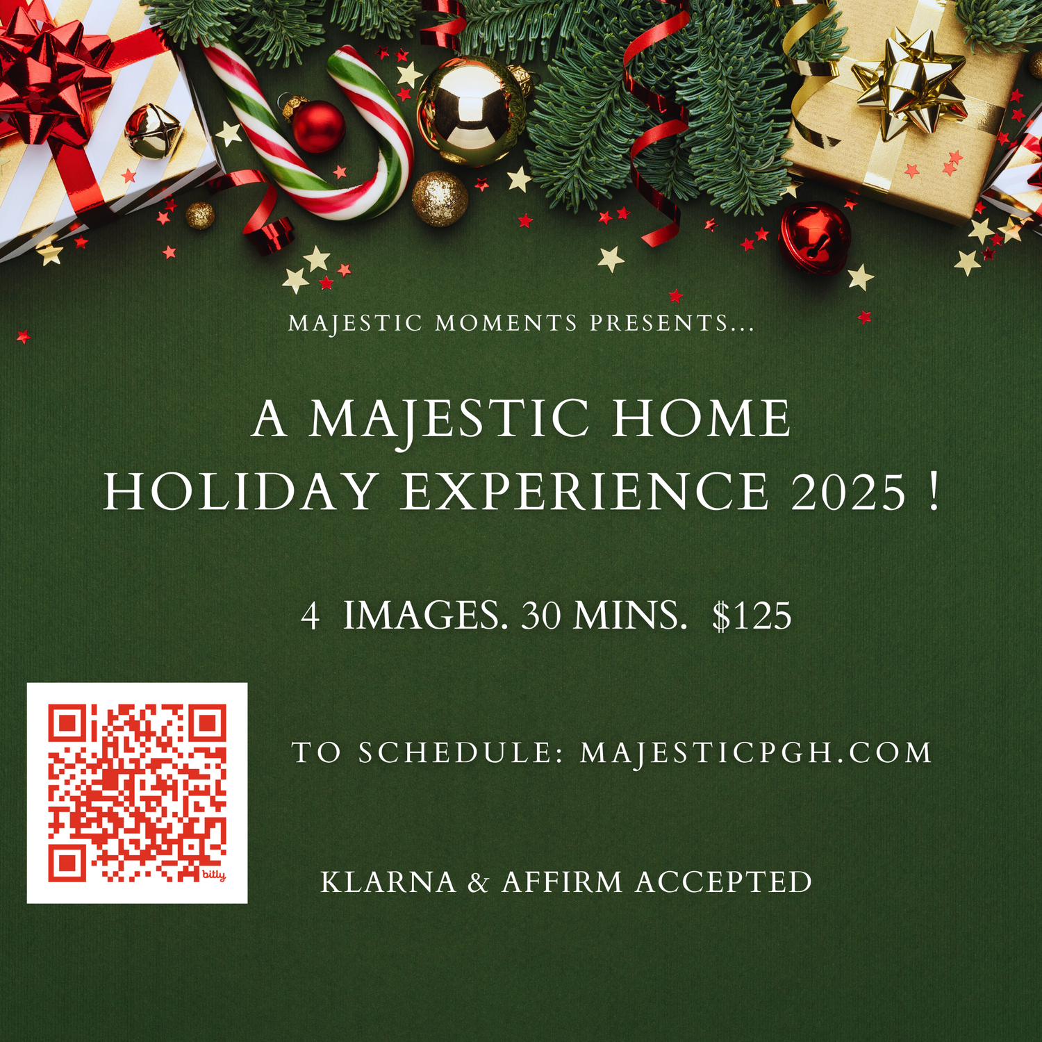 Majestic Moments holiday photo experience 2025 promotional flyer with Christmas decorations and QR code.