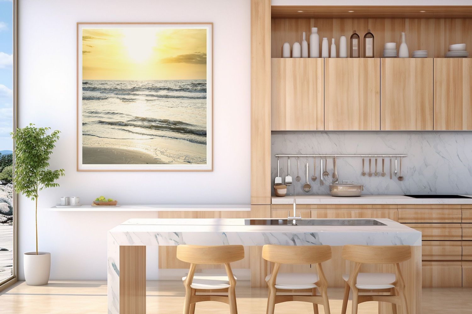 Modern coastal kitchen interior with light wood cabinets, white countertops and large beach sunset artwork on wall.