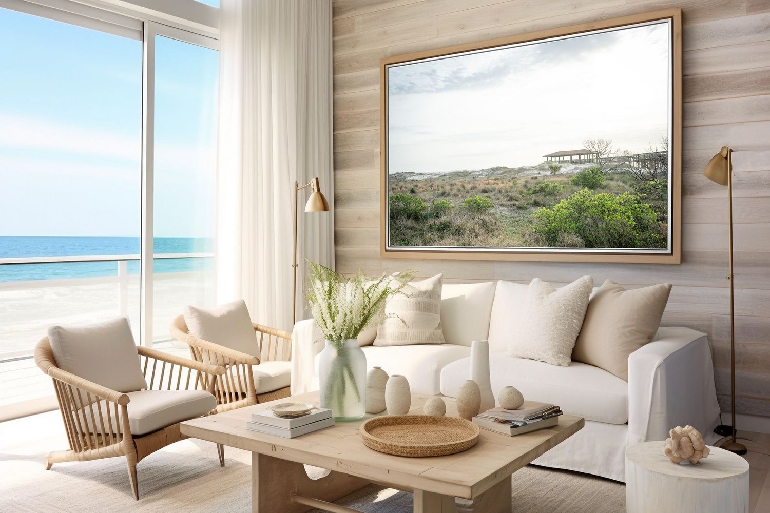 Coastal living room with modern decor features beachfront views, wood panels, and natural light through floor-to-ceiling windows.
