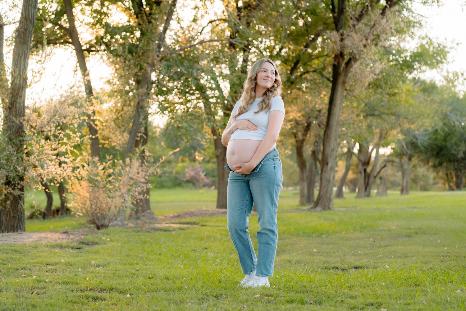 A maternity photography session captured in a golden-lit park setting.