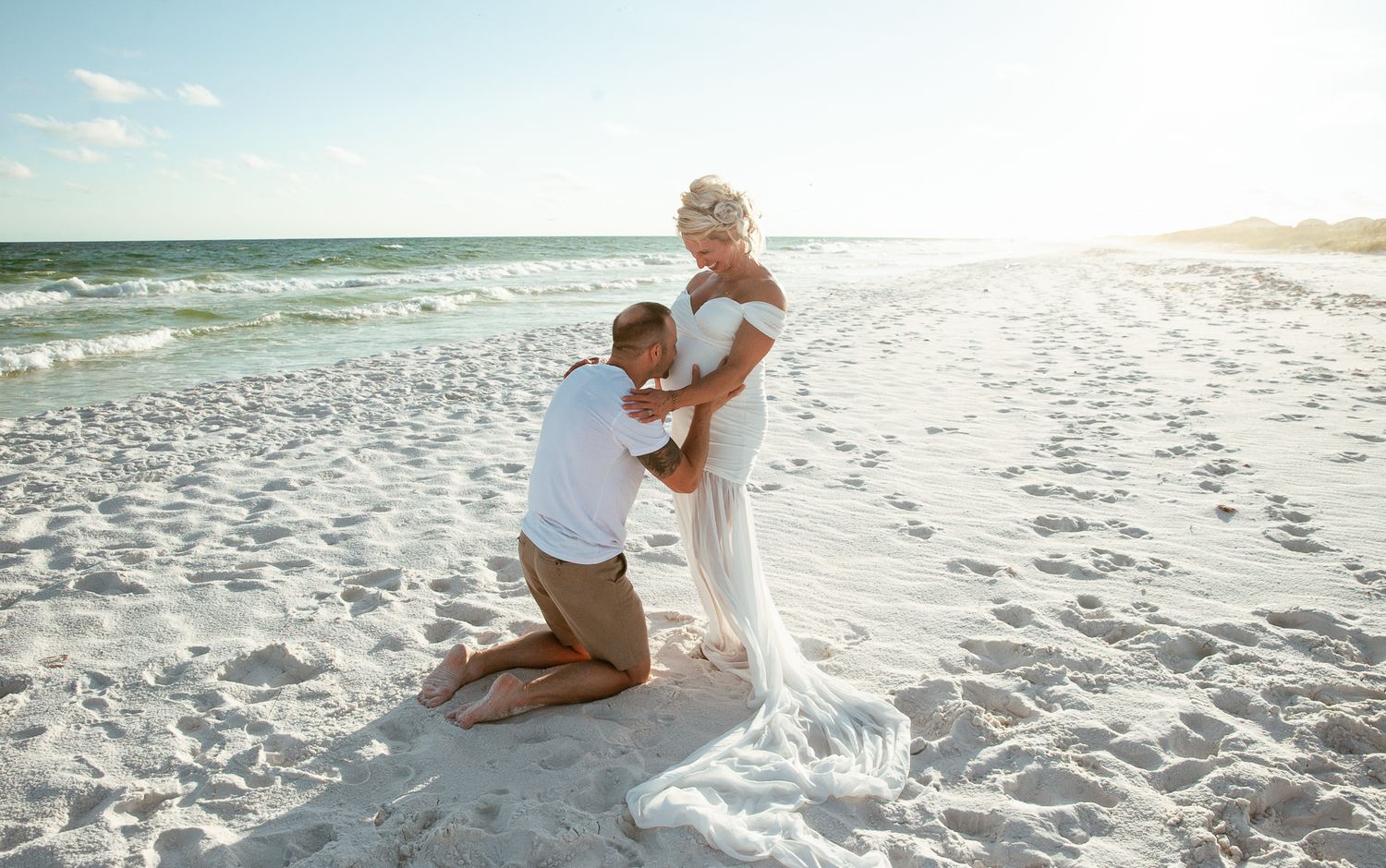 A romantic beach photo sequence showing wedding portraits on pristine white sand at golden hour.