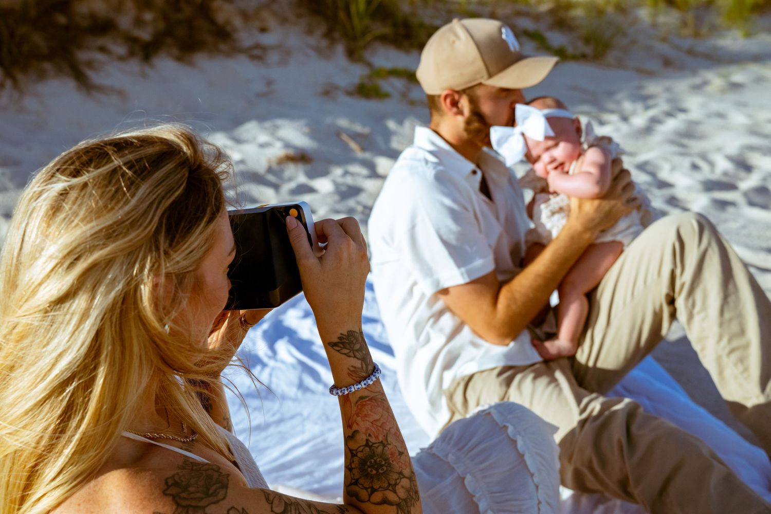 A series of candid beach moments captured during golden hour.