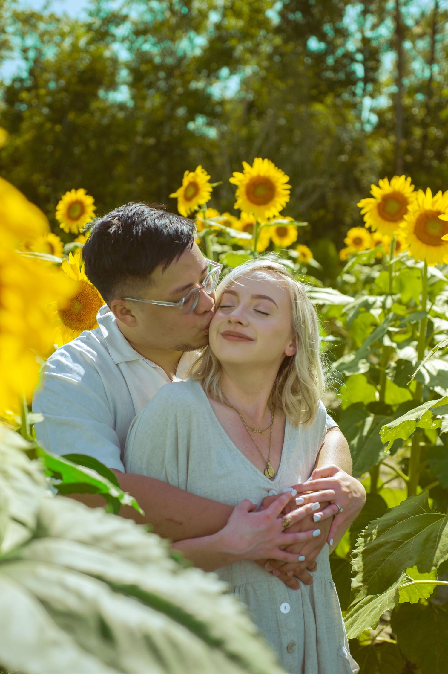 A couple shares a romantic moment in a sunflower field during golden hour.
