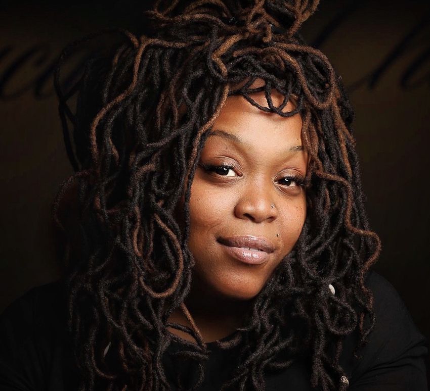 Portrait series showing different angles and expressions with dreadlocks against dark background creating dramatic lighting.