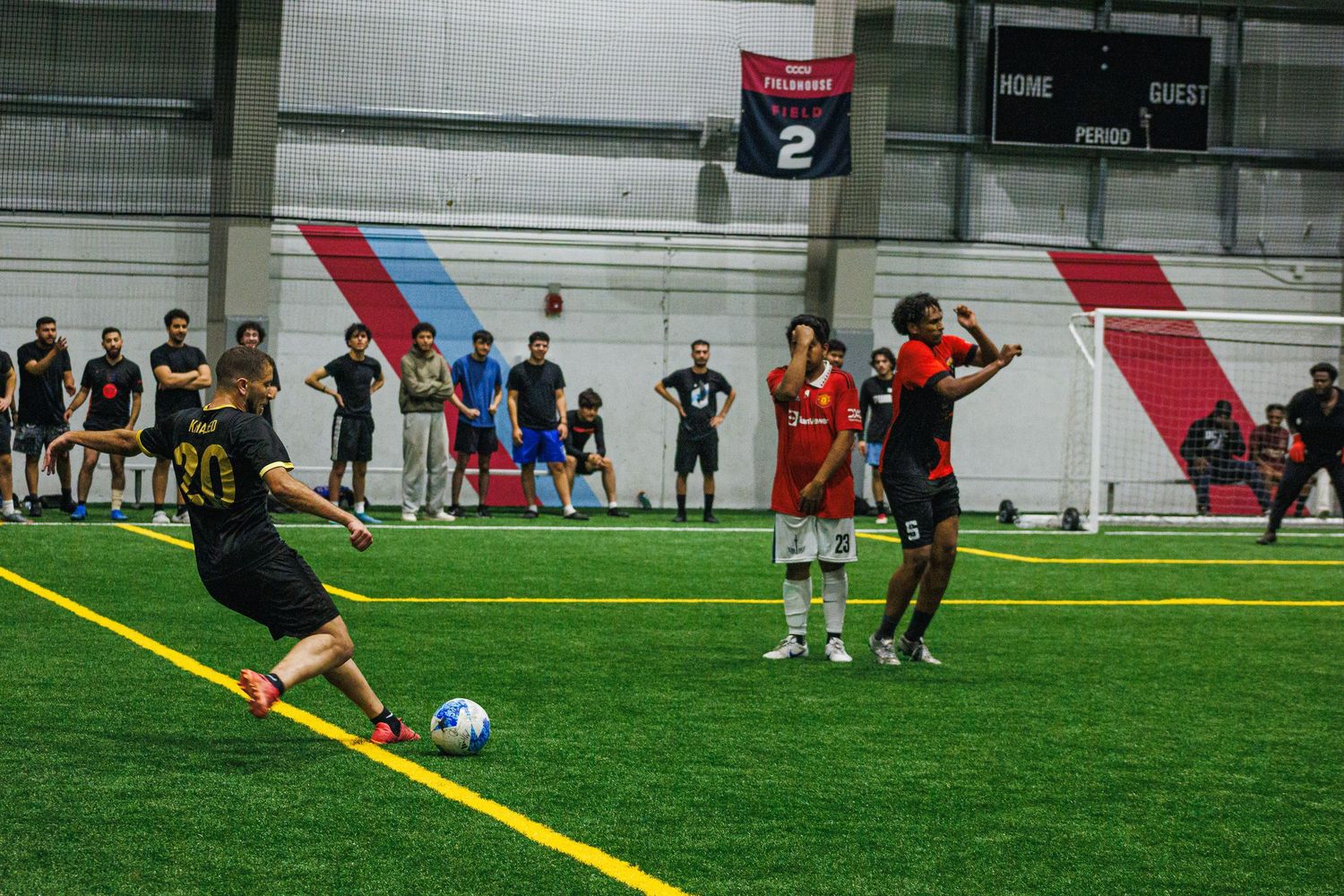 Free kick during an indoor soccer game at a Minneapolis sports dome