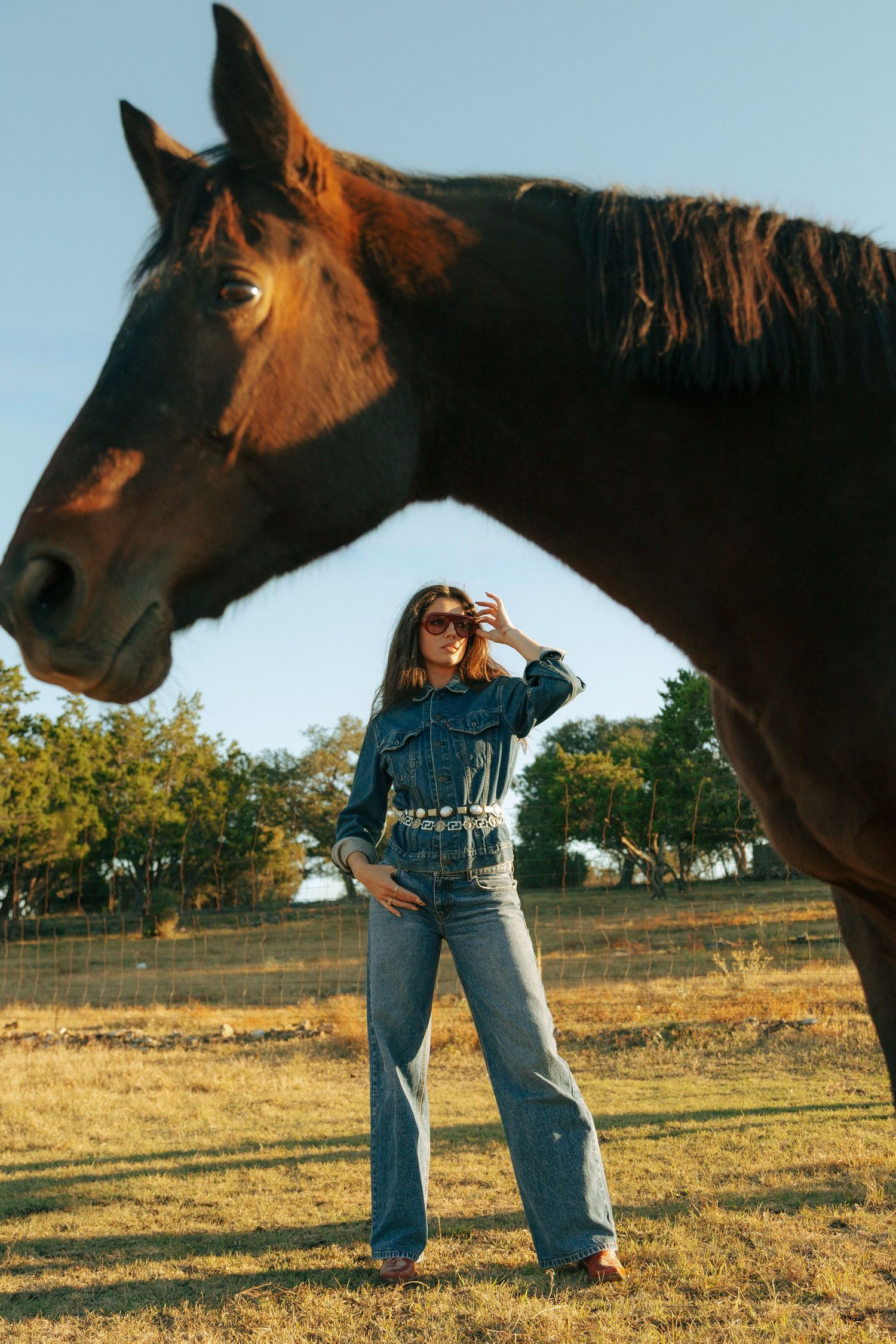 Brown horse silhouetted against blue sky in rustic countryside setting with woman in denim and retro sunglasses posing in the background.