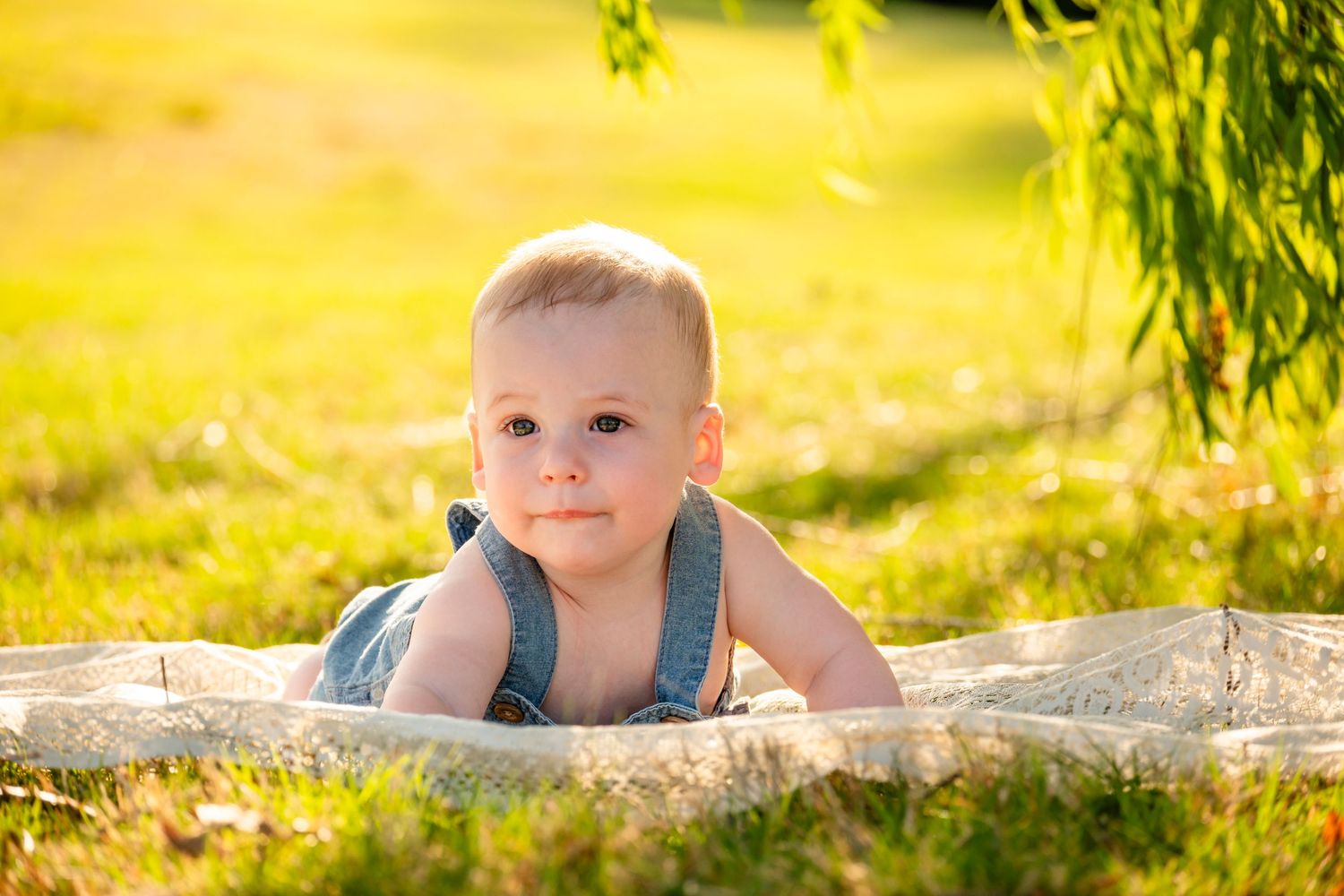 A cute baby in denim overalls lying on a blanket in sunny green grass outdoors.