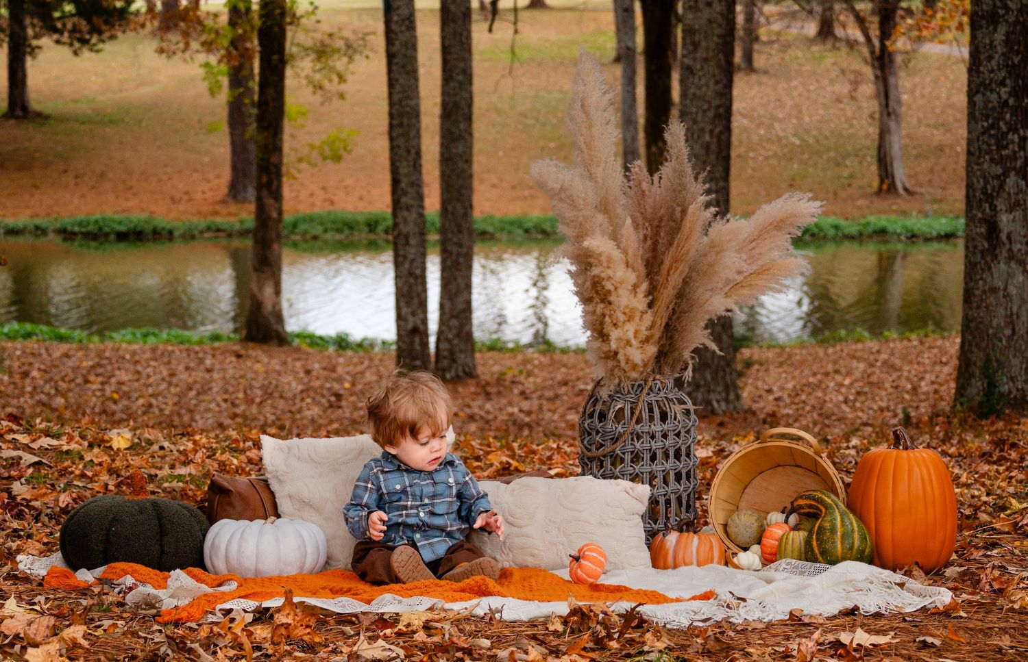 Toddler sitting on blanket surrounded by pumpkins and fall decorations outdoors.