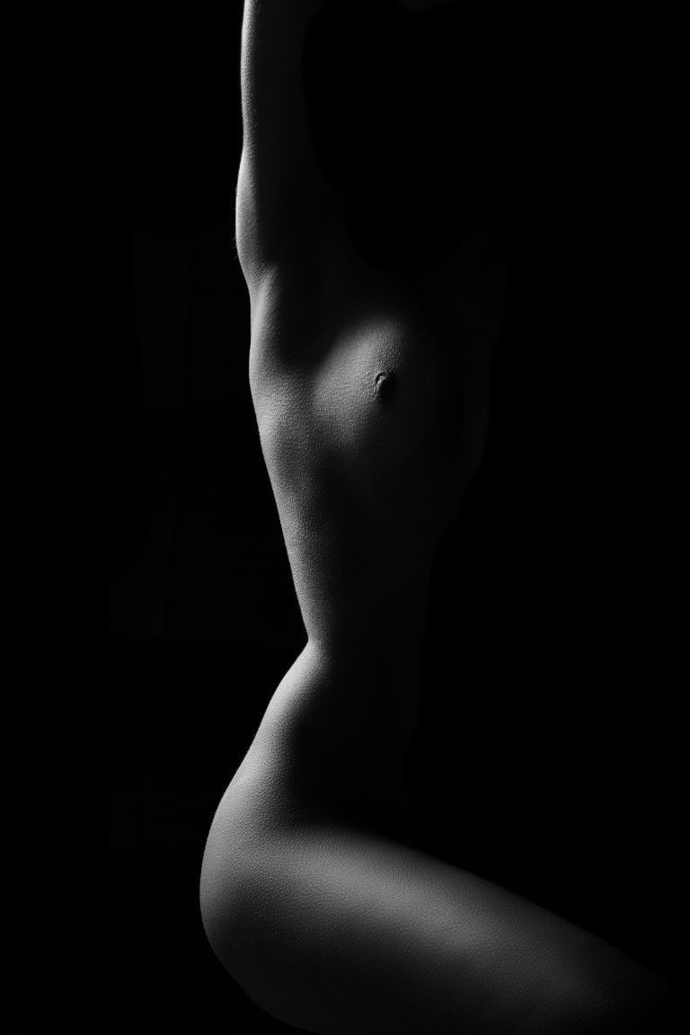 Black and white fine art nude torso silhouette with dramatic side lighting highlighting curves against dark background.