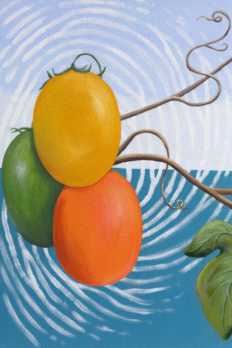 Painting of green, yellow, and orange tomatoes on a vine with swirling blue and white background.