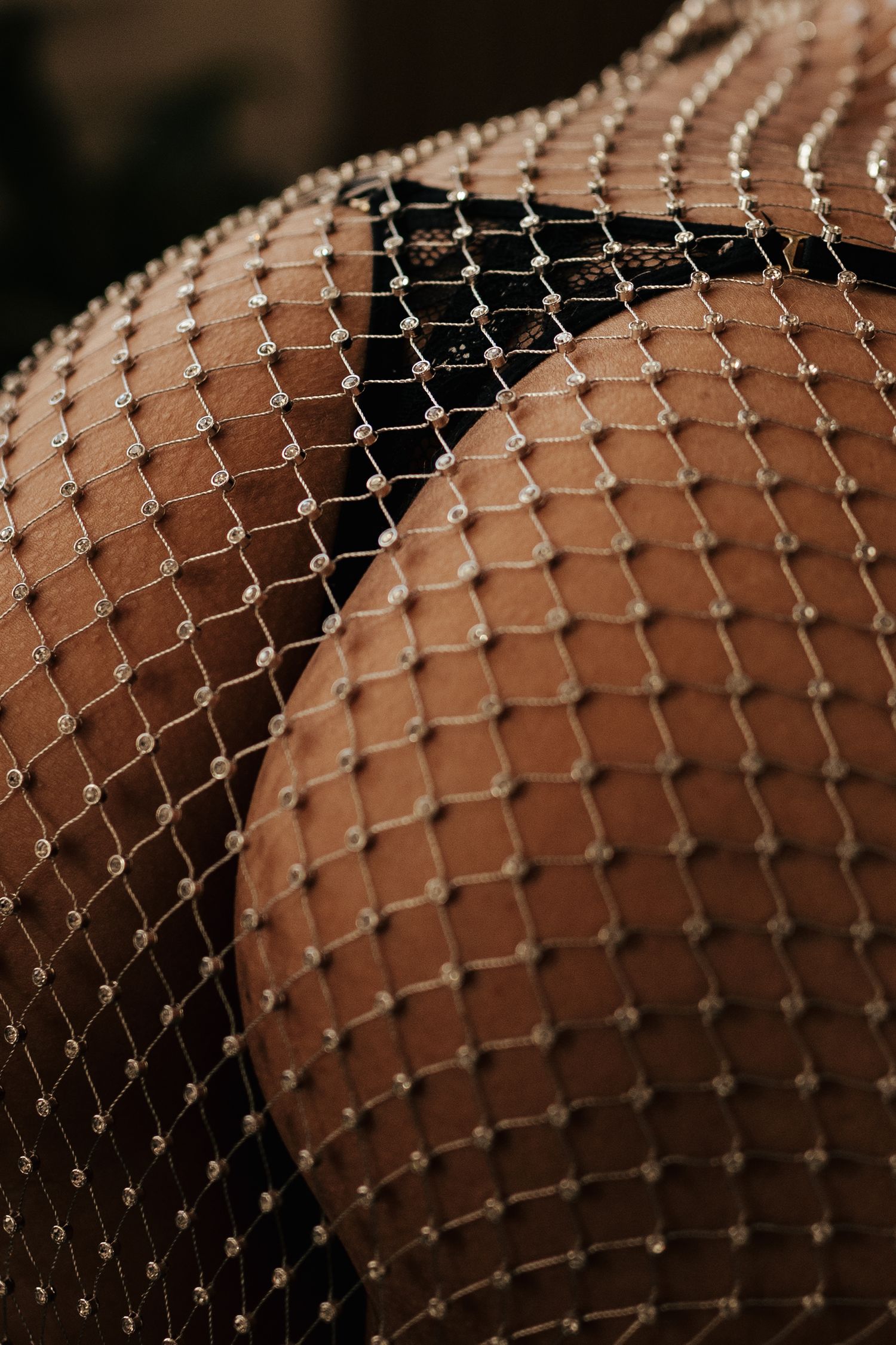 Close-up of sparkling fishnet stockings with rhinestone details on skin, elegant lingerie fashion photography.