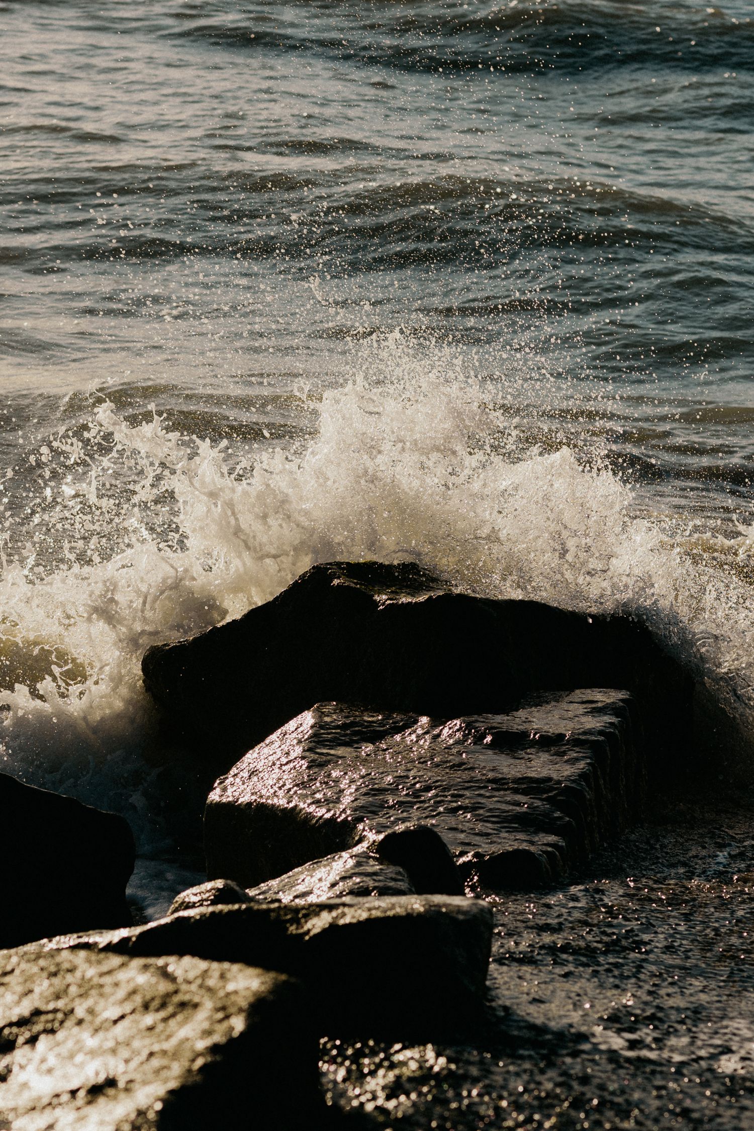 Les vagues de l'océan s'écrasent avec violence sur les rochers sombres et humides d'une côte ensoleillée.