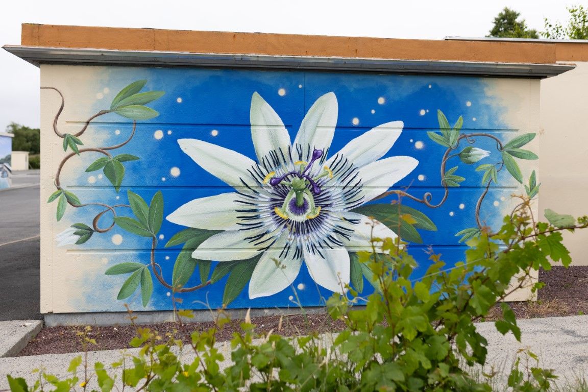 Colorful mural of a white passionflower on a blue background painted on an outdoor wall with green foliage.