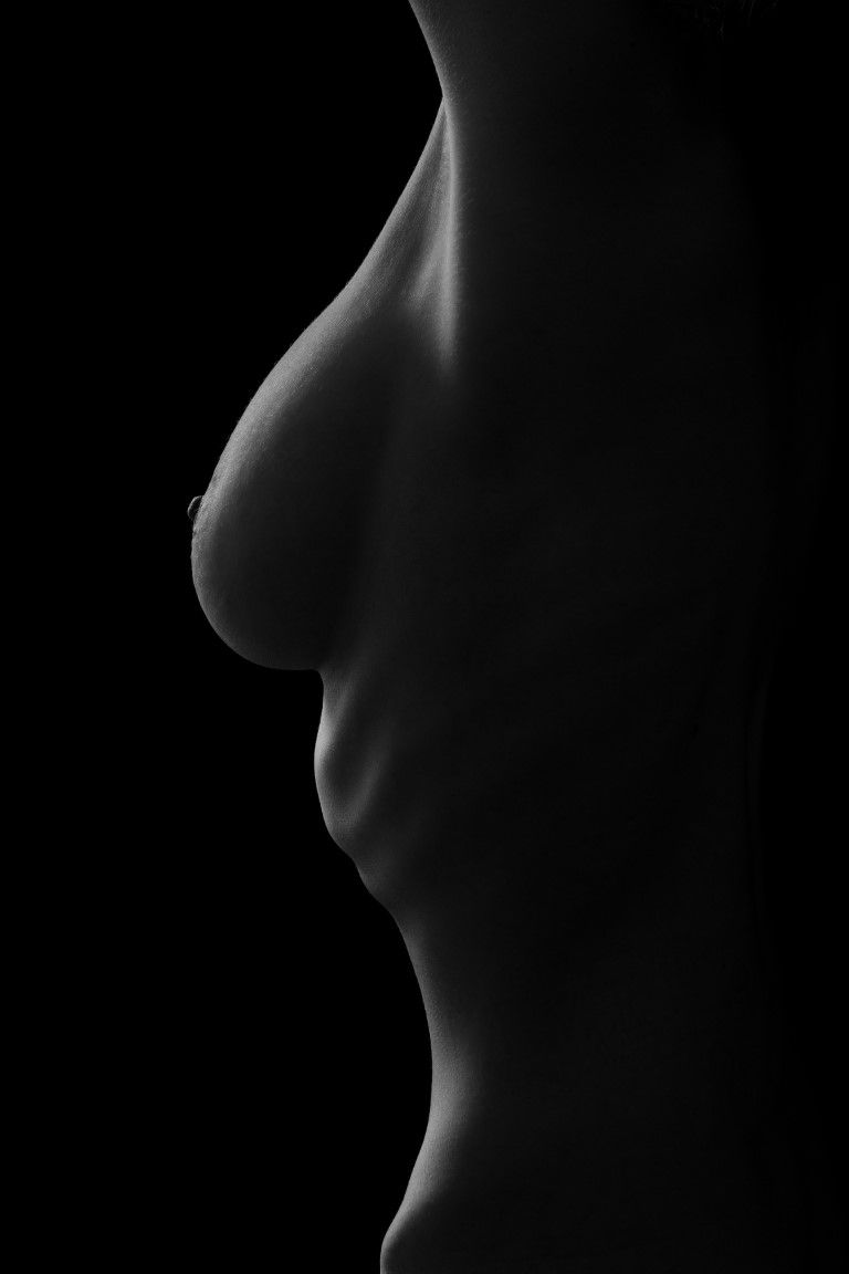Black and white artistic nude torso side profile with dramatic chiaroscuro lighting highlighting feminine curves.
