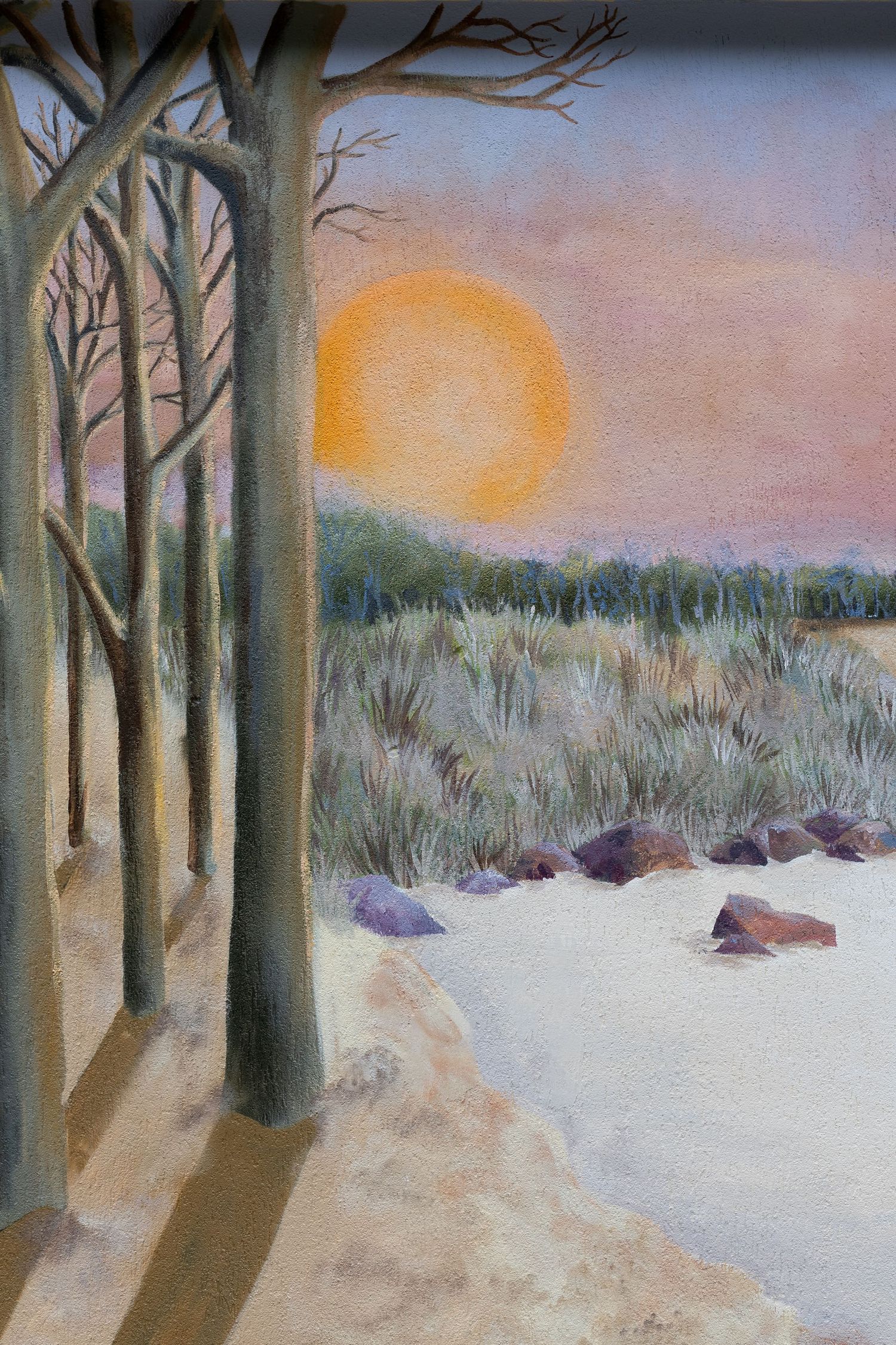 Winter landscape painting with bare trees, snowy ground, rocks, and a large orange sun setting over a forest.