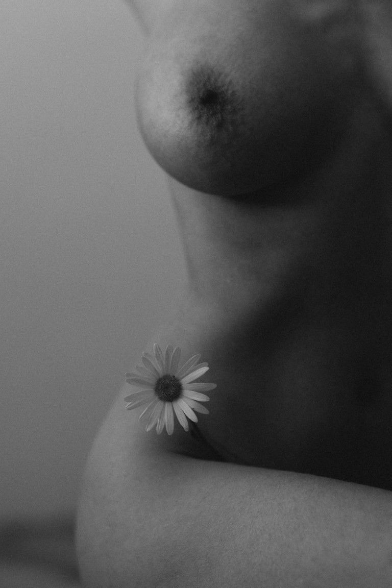Photo artistique en noir et blanc d'un torse de femme nue, avec une marguerite au pli de sa hanche.