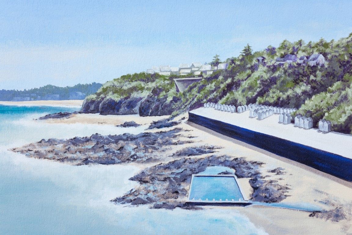 Painting of a coastal scene with rocky cliffs, white beach huts, a tidal pool, and turquoise ocean waters.