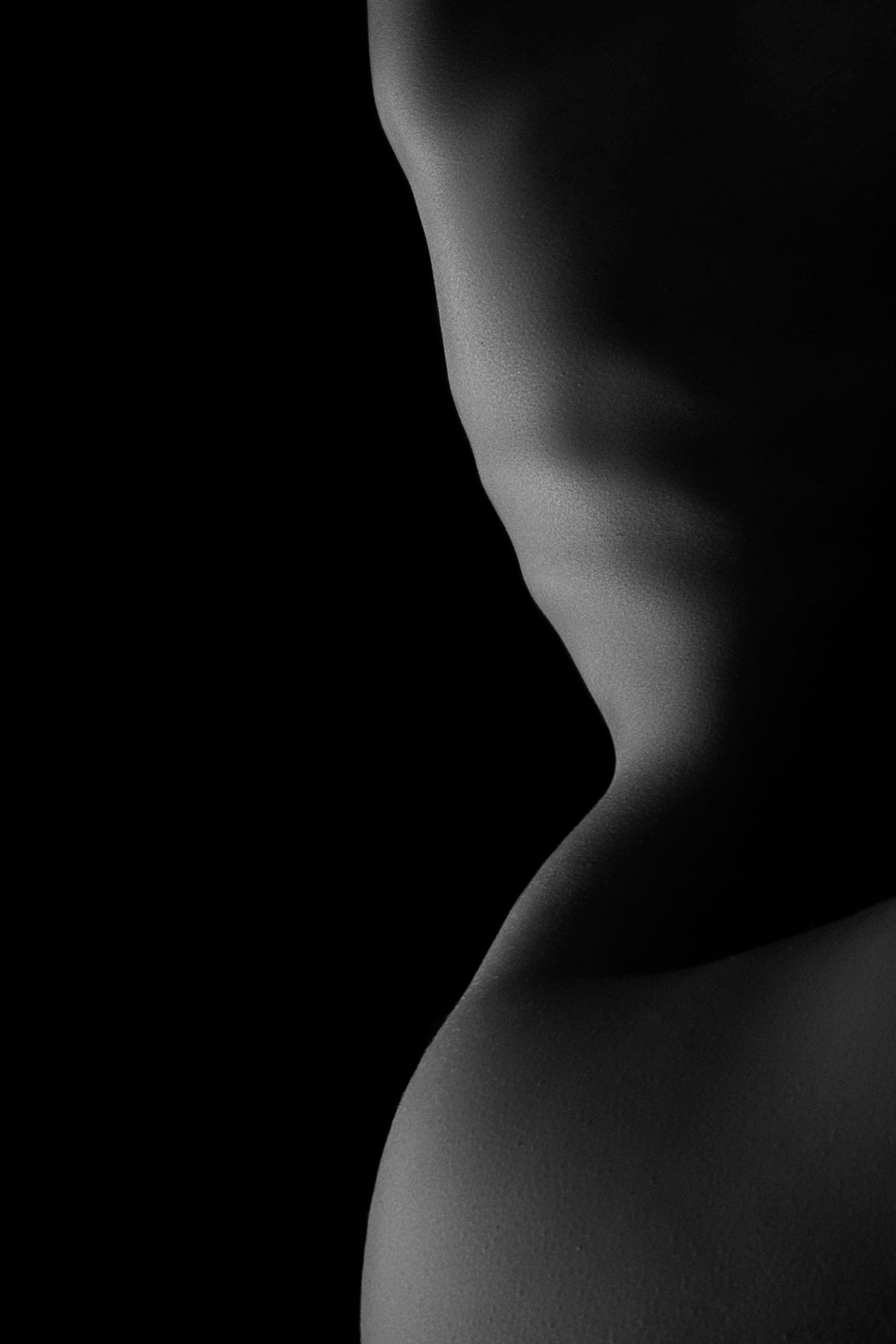 Black and white fine art nude photography highlighting the curves of a female torso against a dark background.