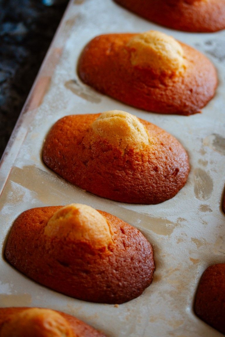 Golden baked madeleines cooling in a white silicone mold on a baking tray.