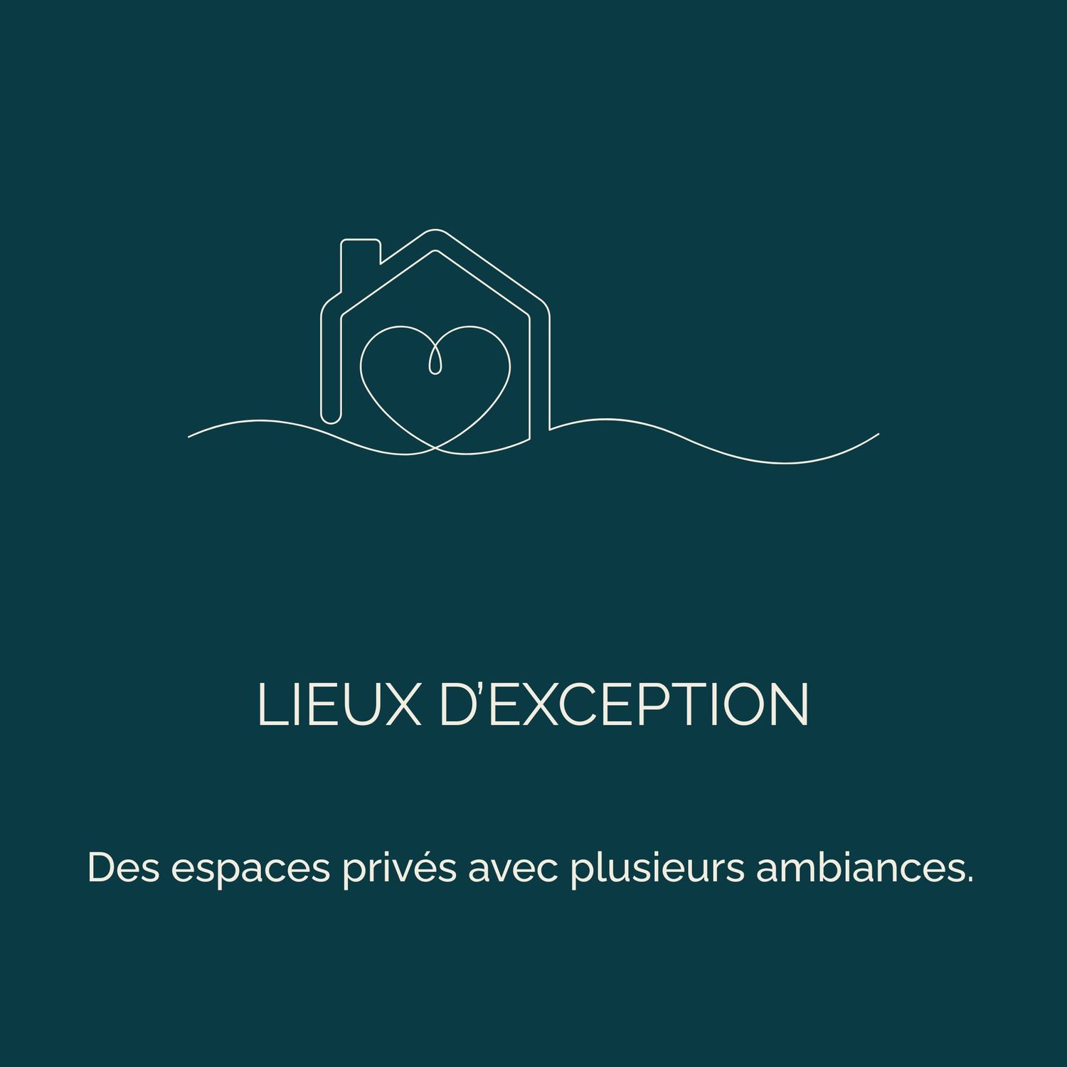 Lieux d'Exception logo featuring a house with a heart, promoting private spaces with multiple ambiances.