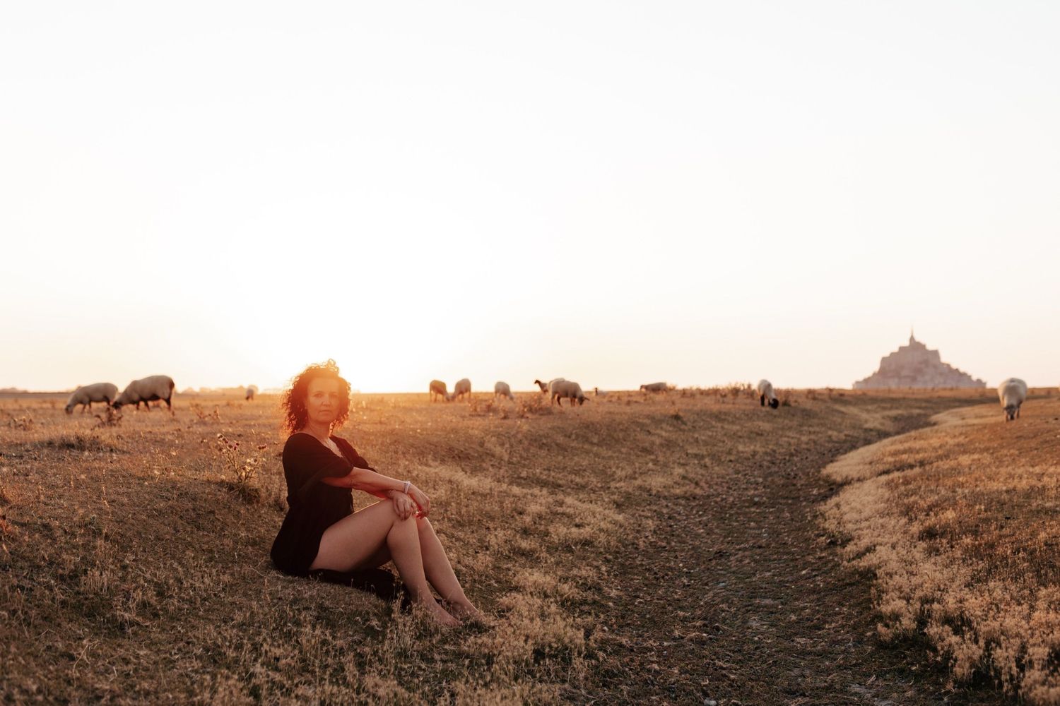 Woman in black dress sitting in golden field at sunset near Mont Saint-Michel with grazing animals.