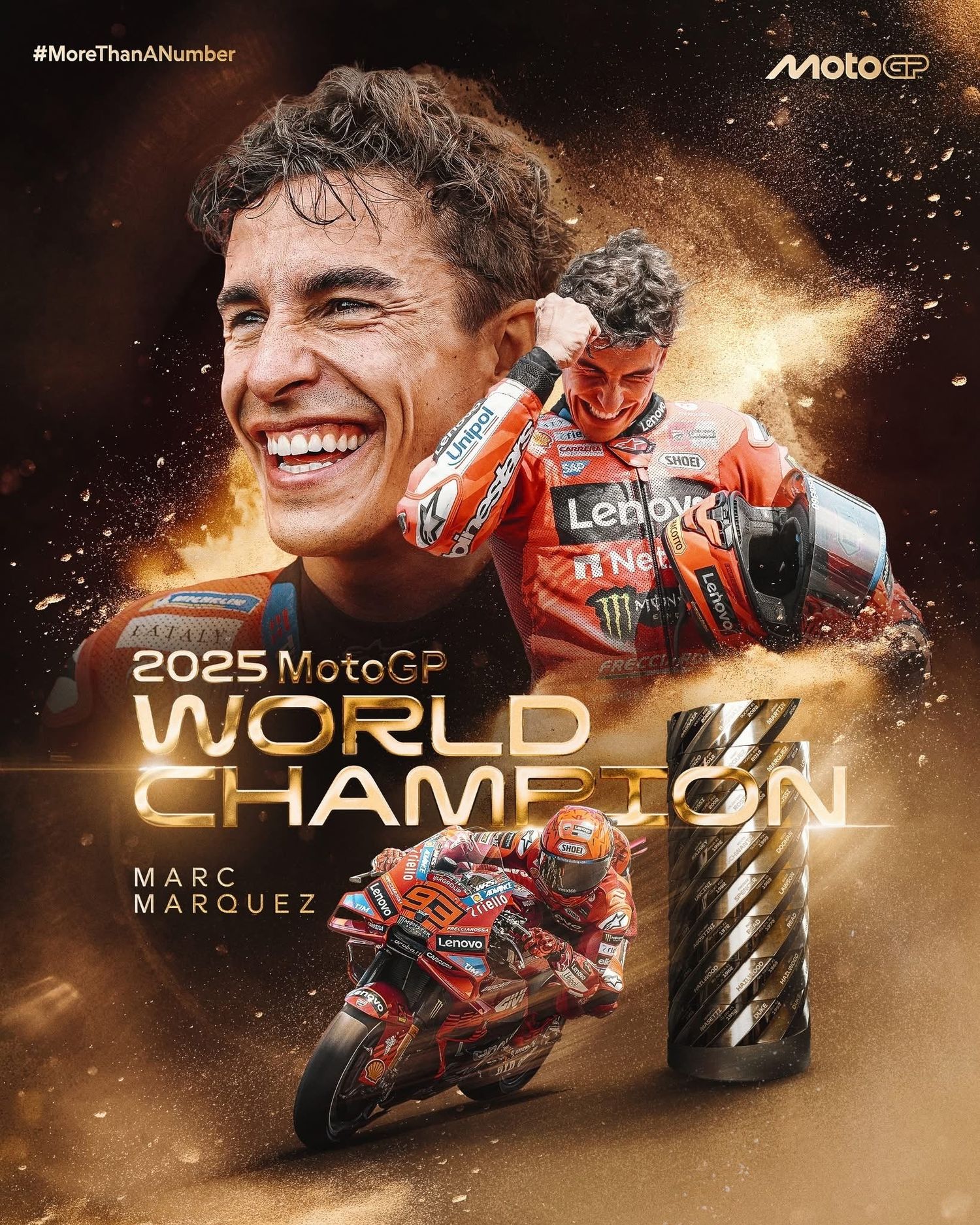 Graphisme célébrant le champion du monde MotoGP 2025, Marc Marquez, avec trophée et images de course.