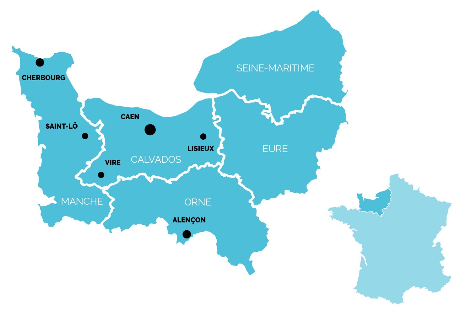 Blue illustrated map of Normandy region France showing five departments and major cities.