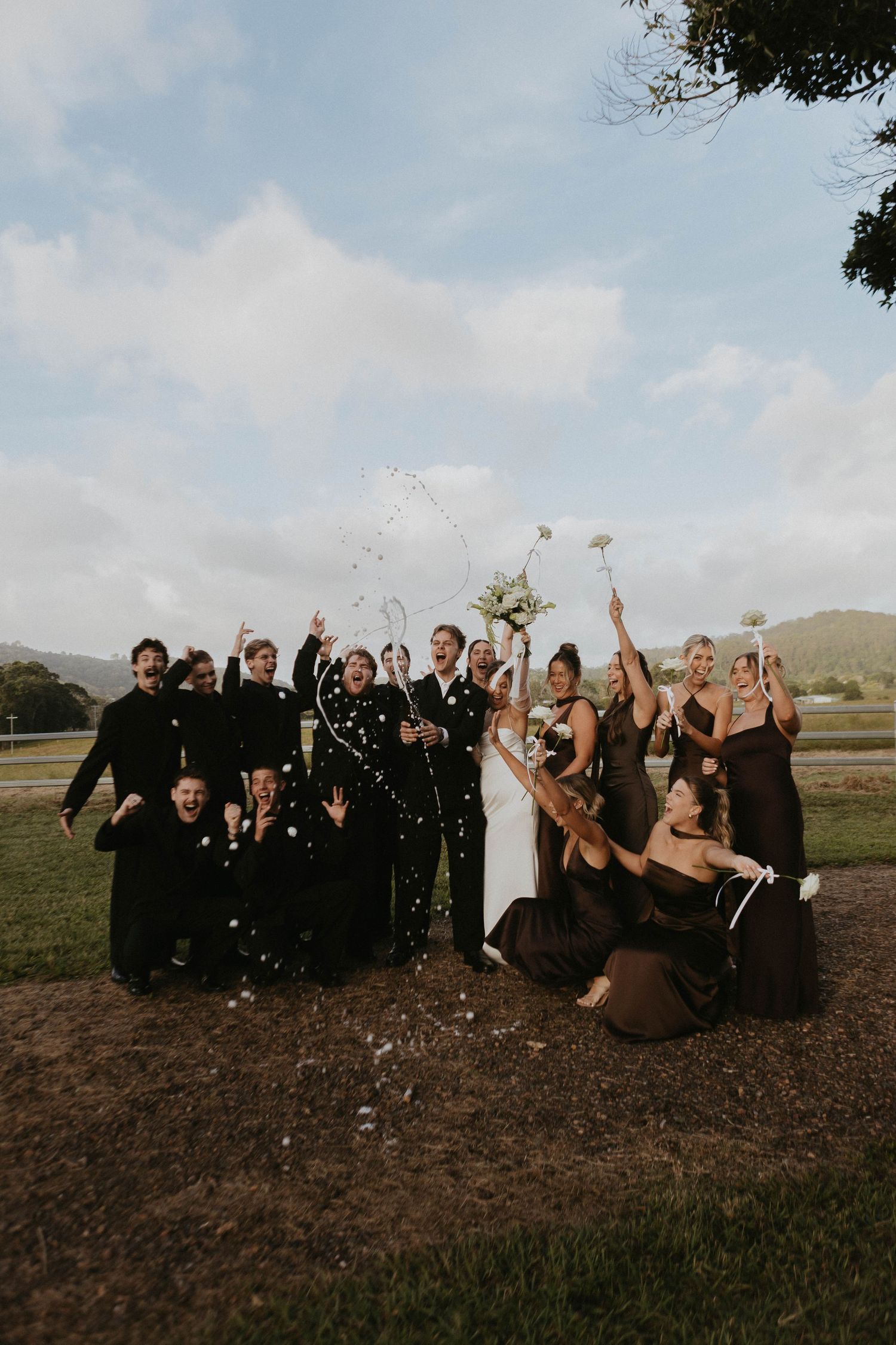 Wedding party celebrating outdoors, tossing confetti with bride and groom, bridesmaids in brown dresses, groomsmen in black suits.