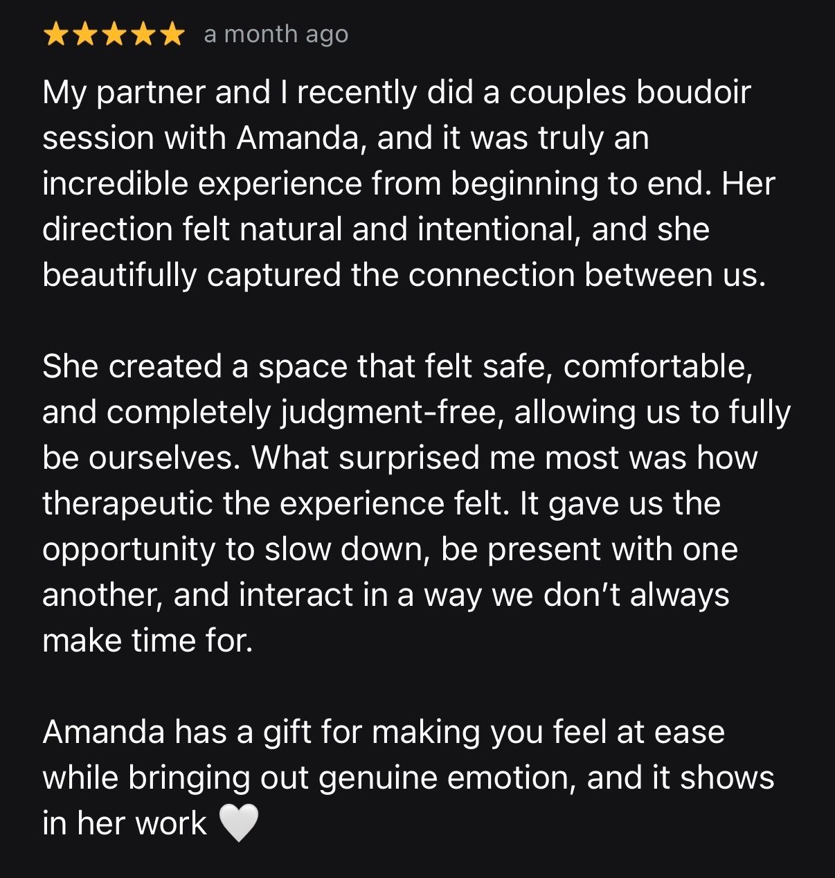 Five-star customer review praising a couples boudoir photography session with photographer Amanda for her natural direction and safe space.