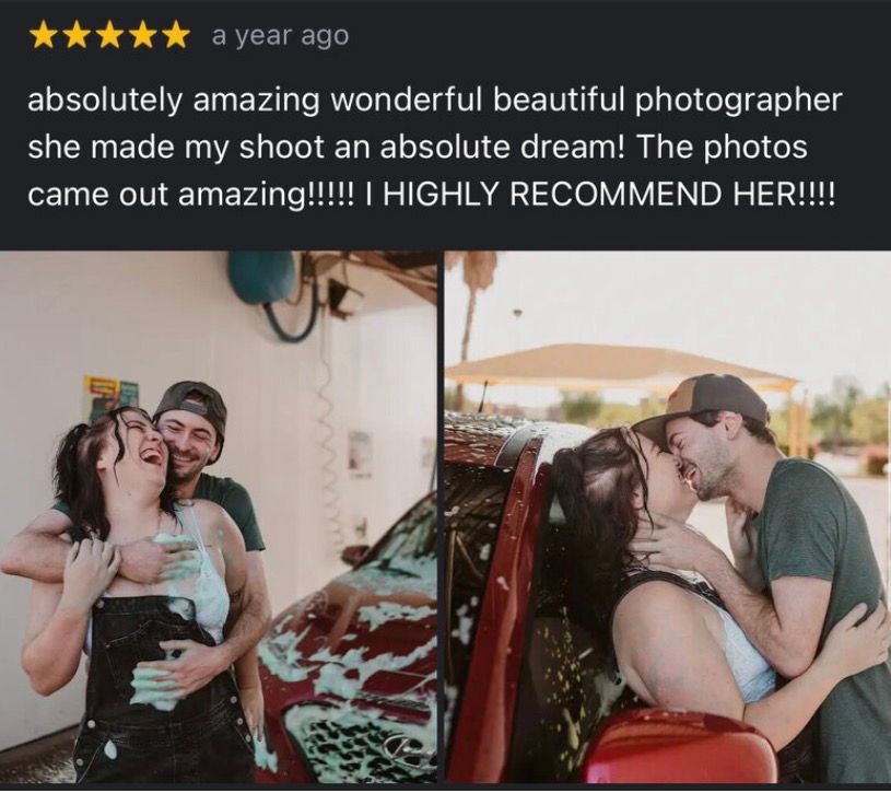 Five-star review with two photos of a couple laughing and kissing near a red car, praising an amazing photographer.