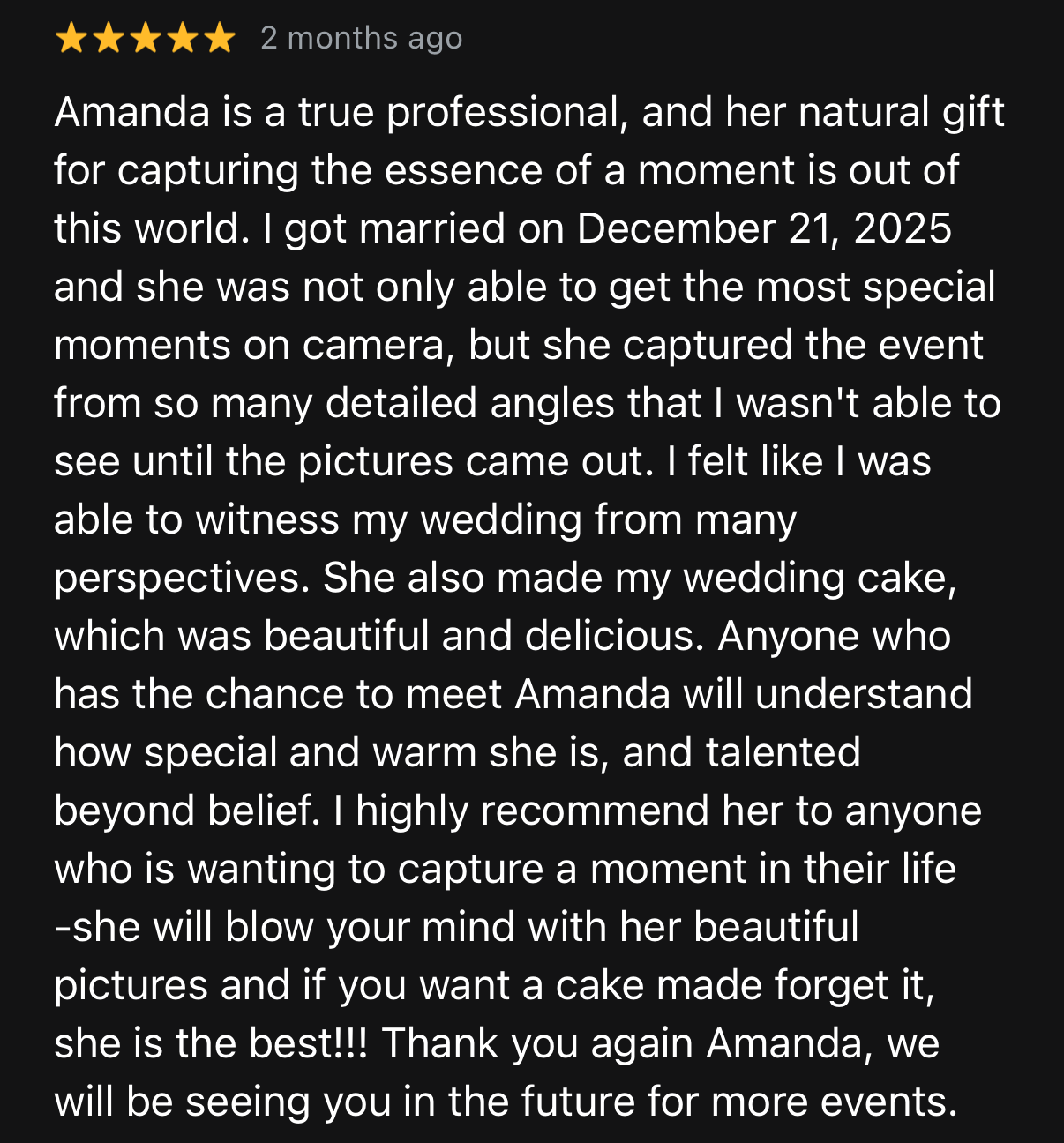 Five-star customer review praising wedding photographer and cake maker Amanda for professionalism, talent, and warmth.
