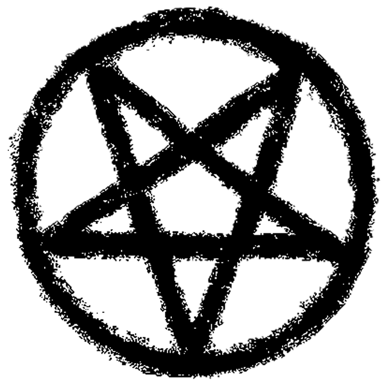 Grunge style inverted pentagram symbol in black ink inside a circle on white background.