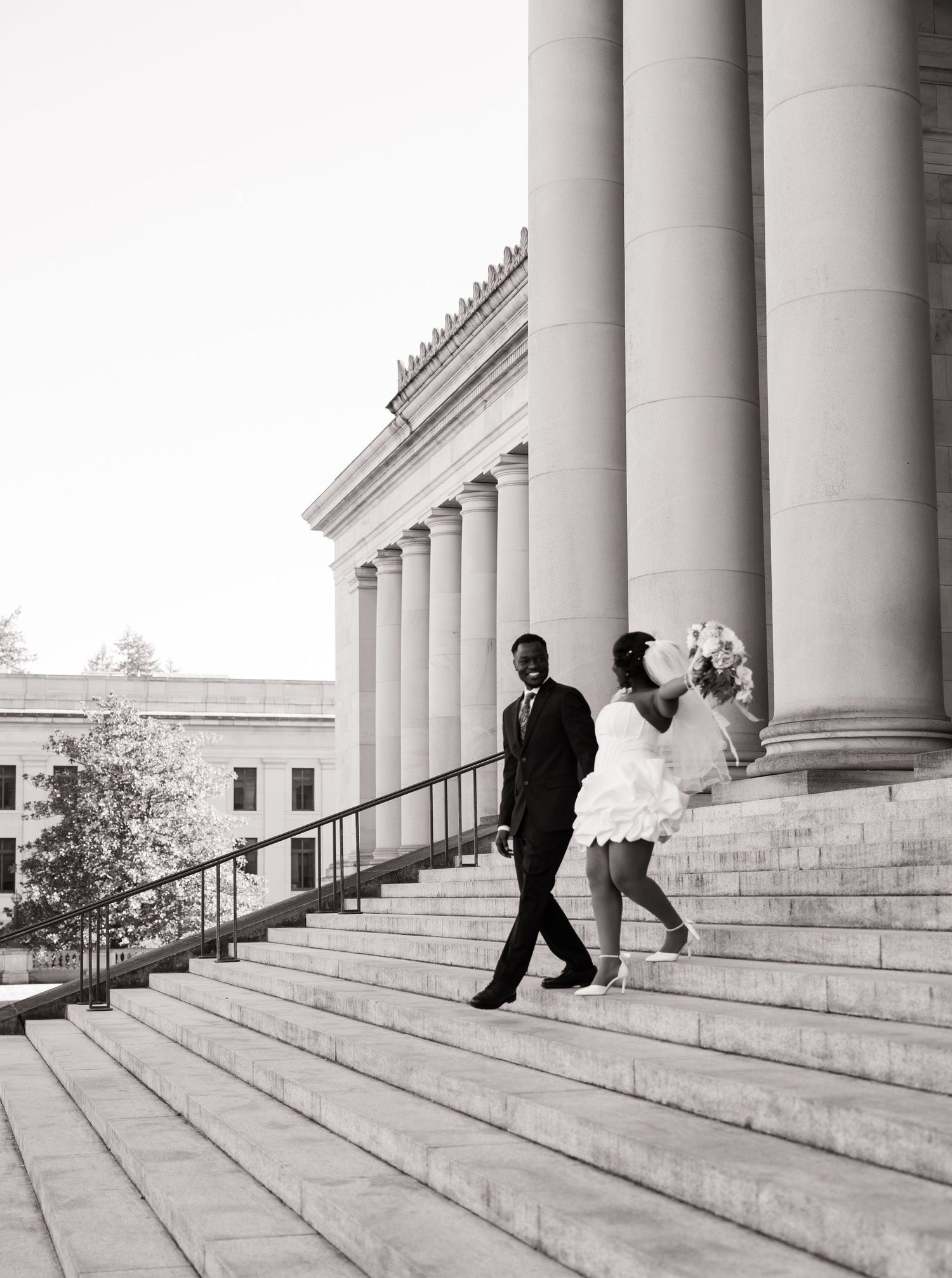 Black and white wedding portrait at the Washington State Capitol in Olympia