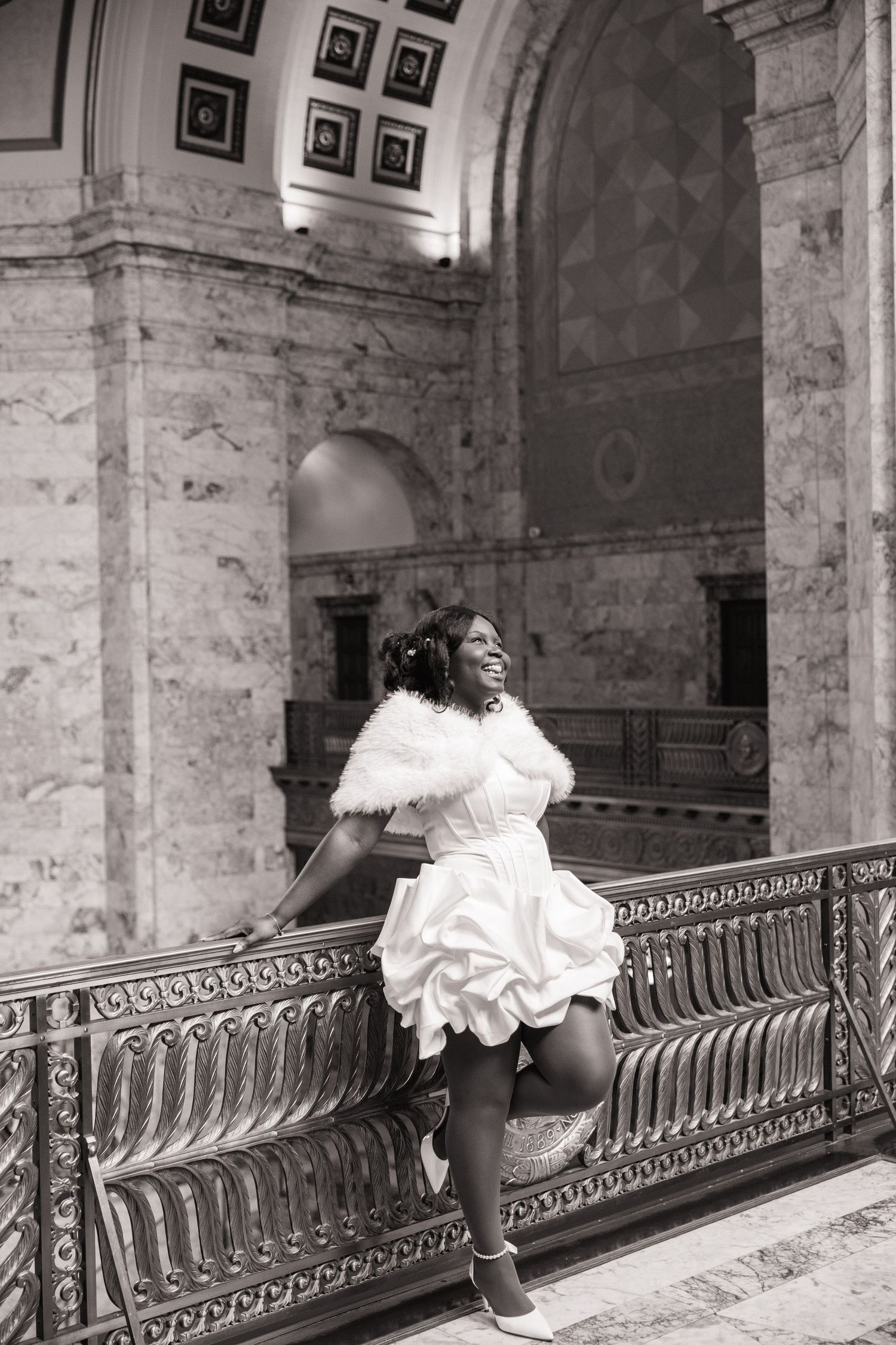 Black and white bridal portrait inside the Washington State Capitol in Olympia