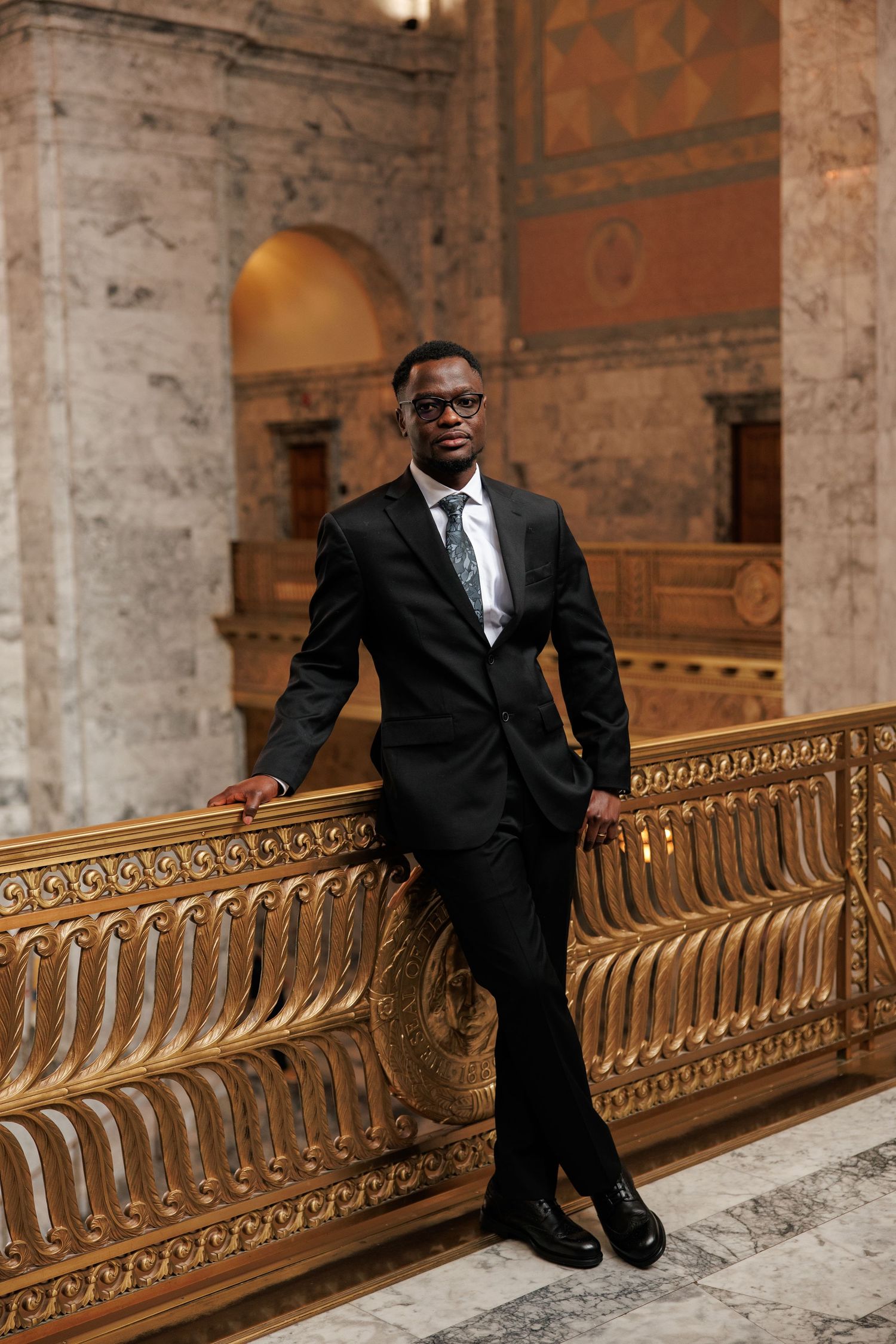 Classic groom portrait inside the Washington State Capitol in Olympia