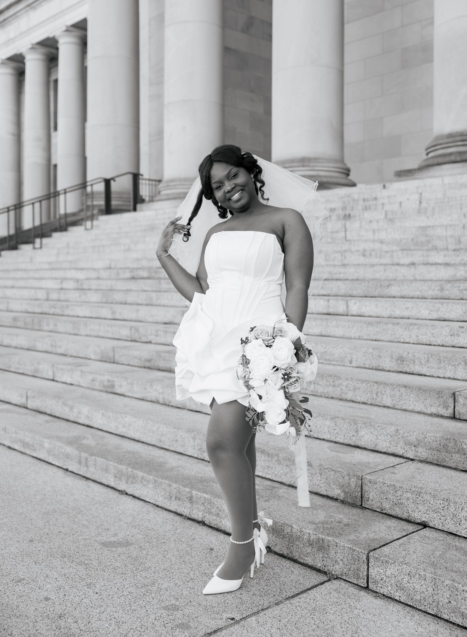 Black and white bridal portrait on the Washington State Capitol steps in Olympia