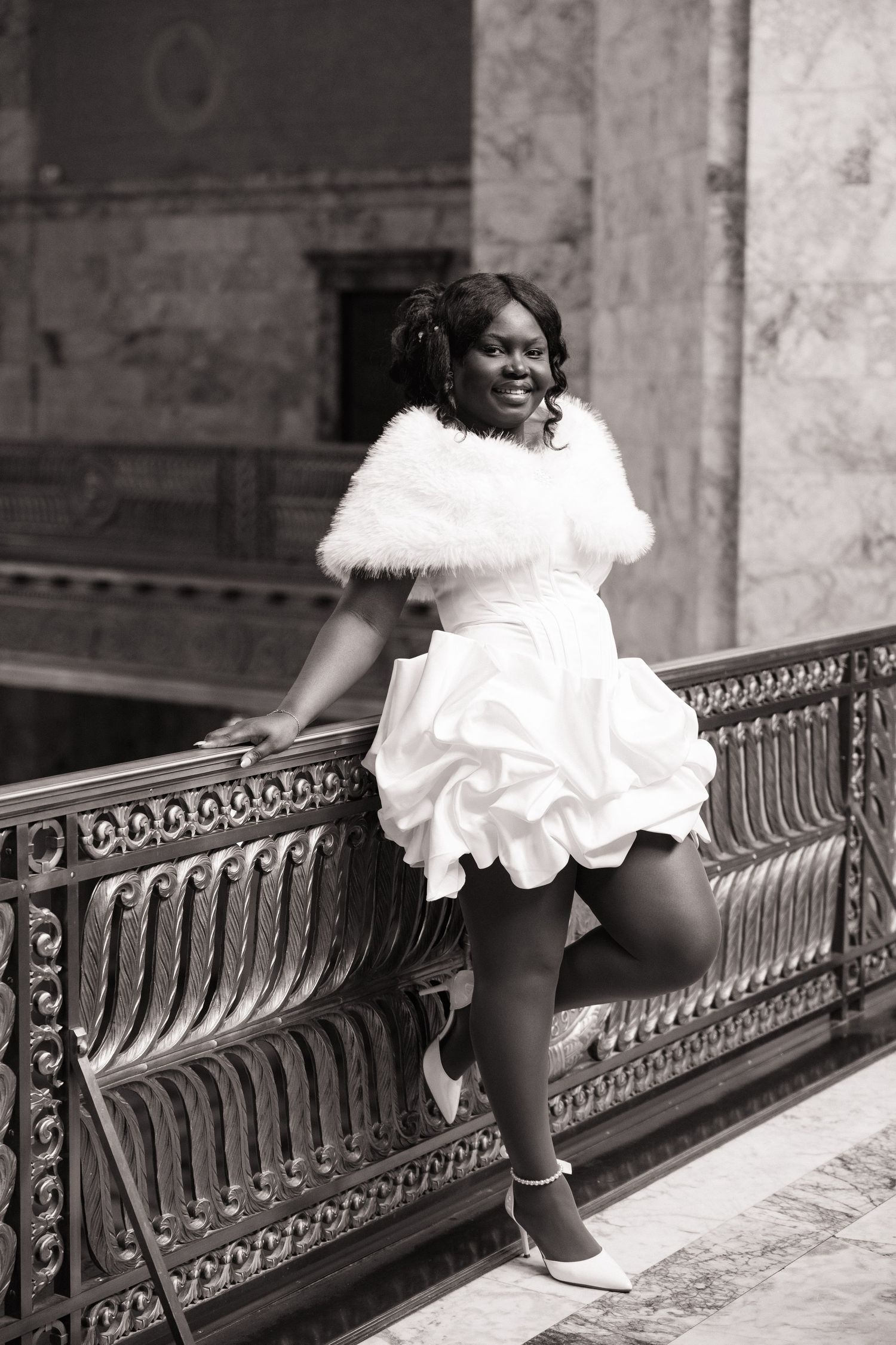 Candid bridal portrait inside the Washington State Capitol during an Olympia wedding