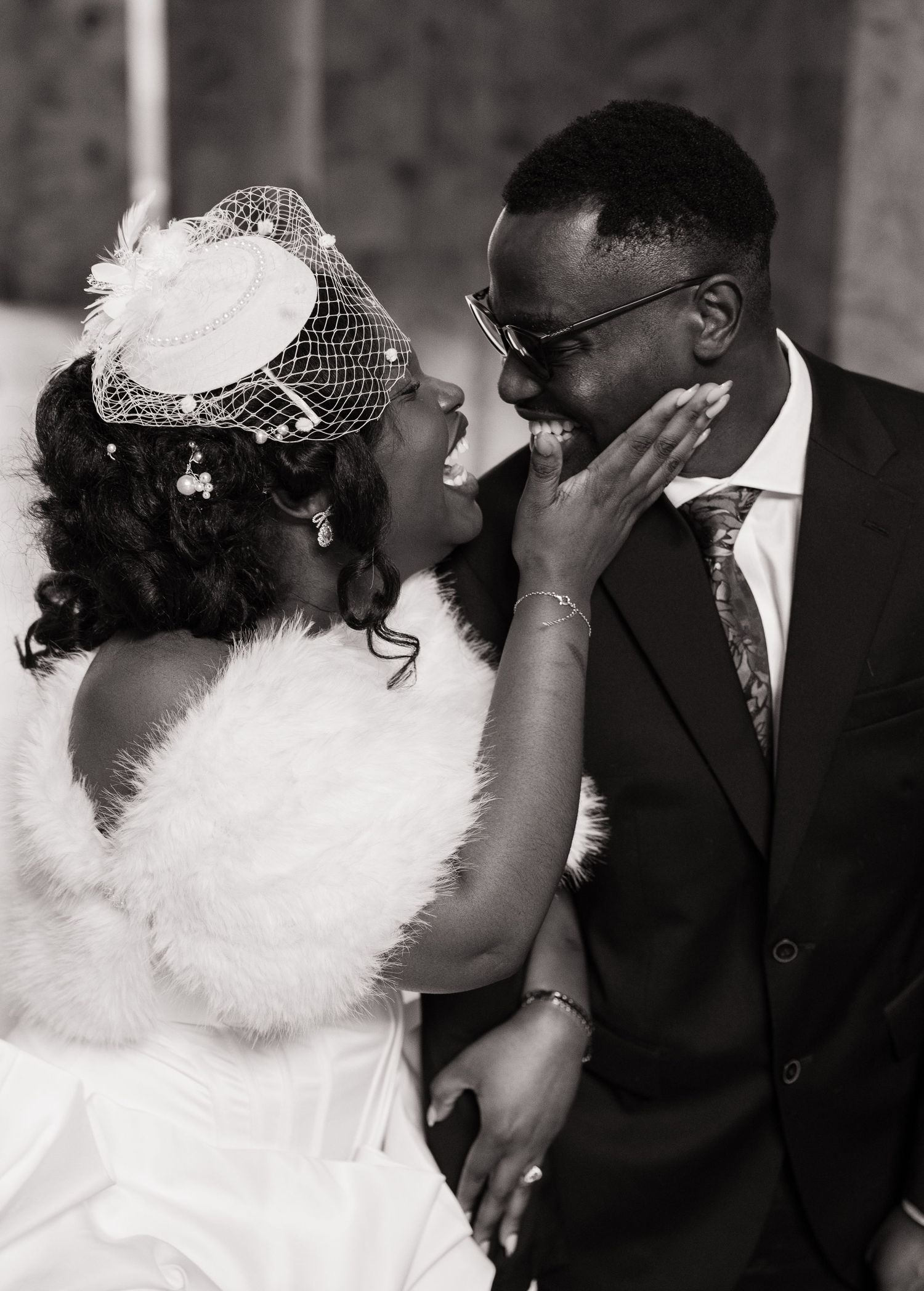 Playful black and white portrait of newlyweds during their Washington State Capitol wedding