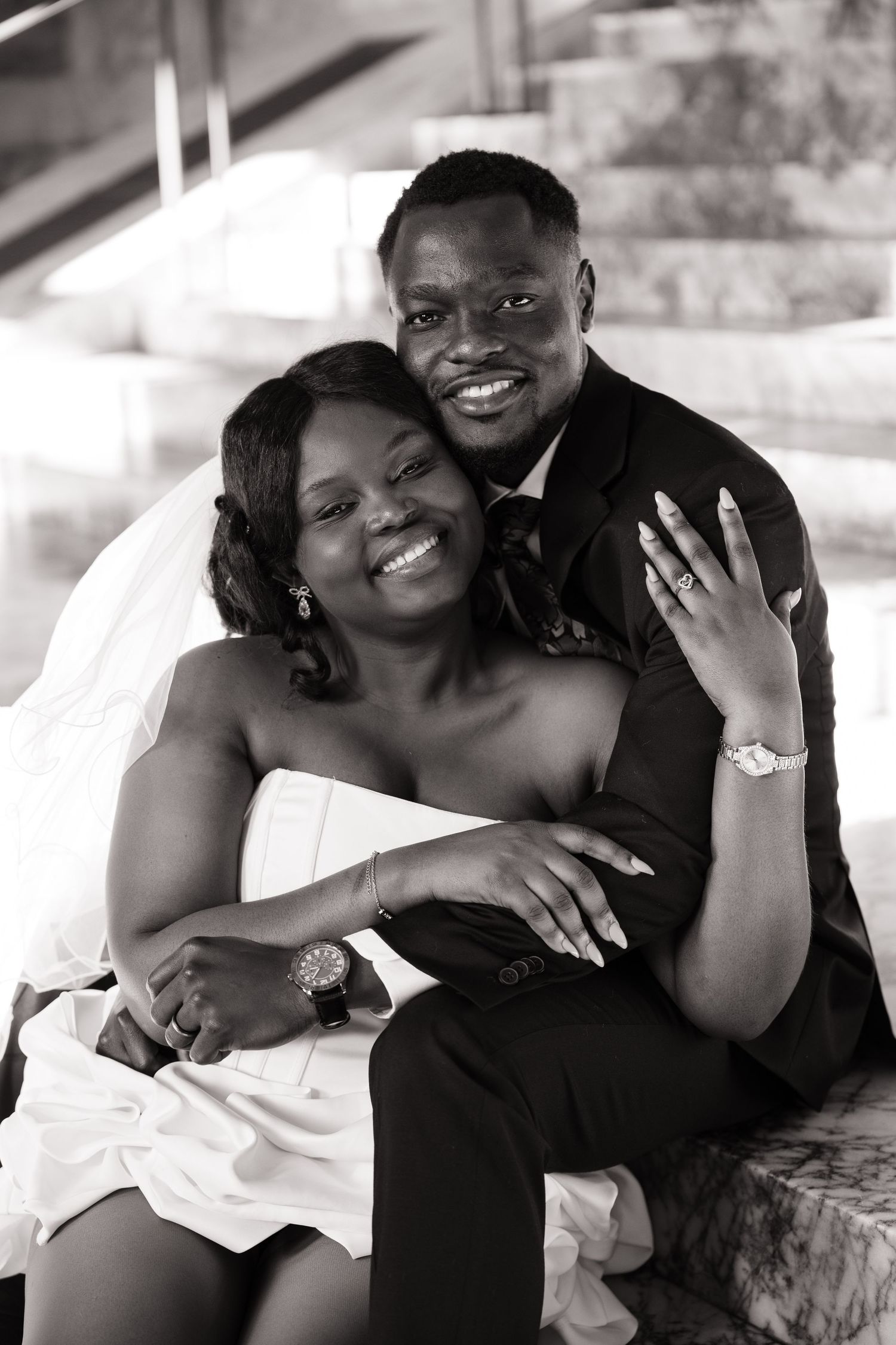 Bride and groom smiling together during their Washington State Capitol wedding in Olympia