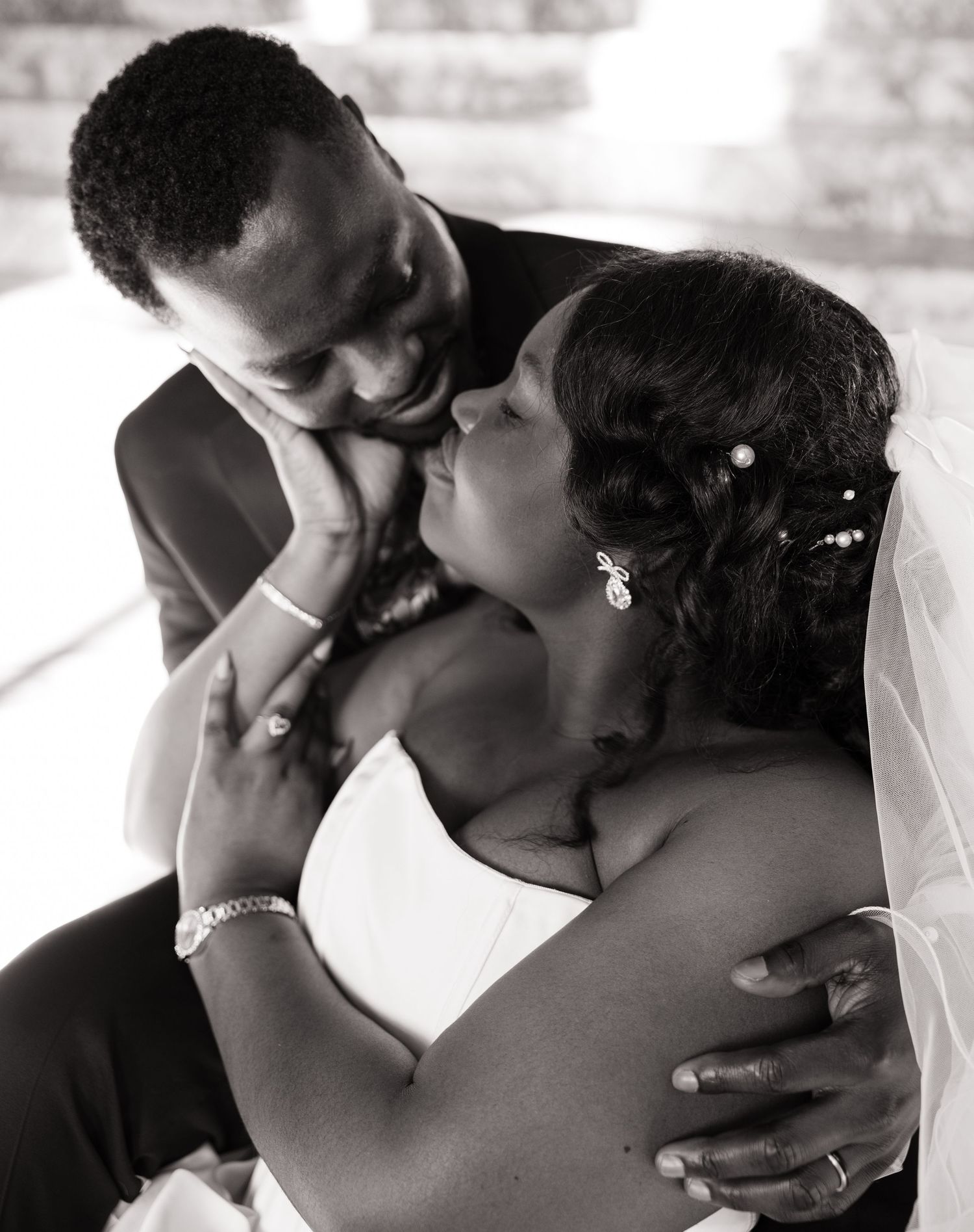Intimate black and white portrait of newlyweds at the Washington State Capitol in Olympia