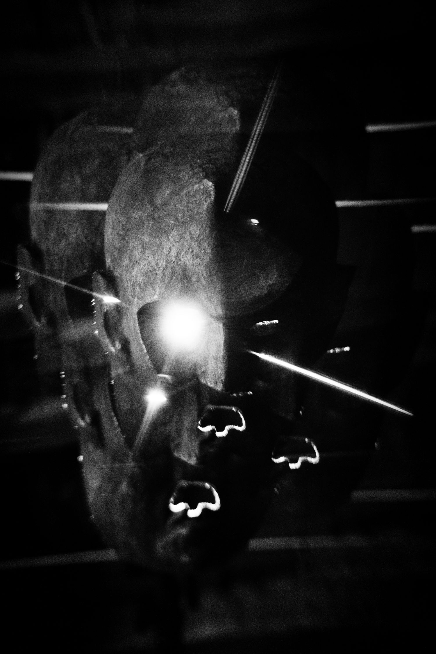 Black and white photo of a bear statue with dramatic light rays and dark atmospheric background.