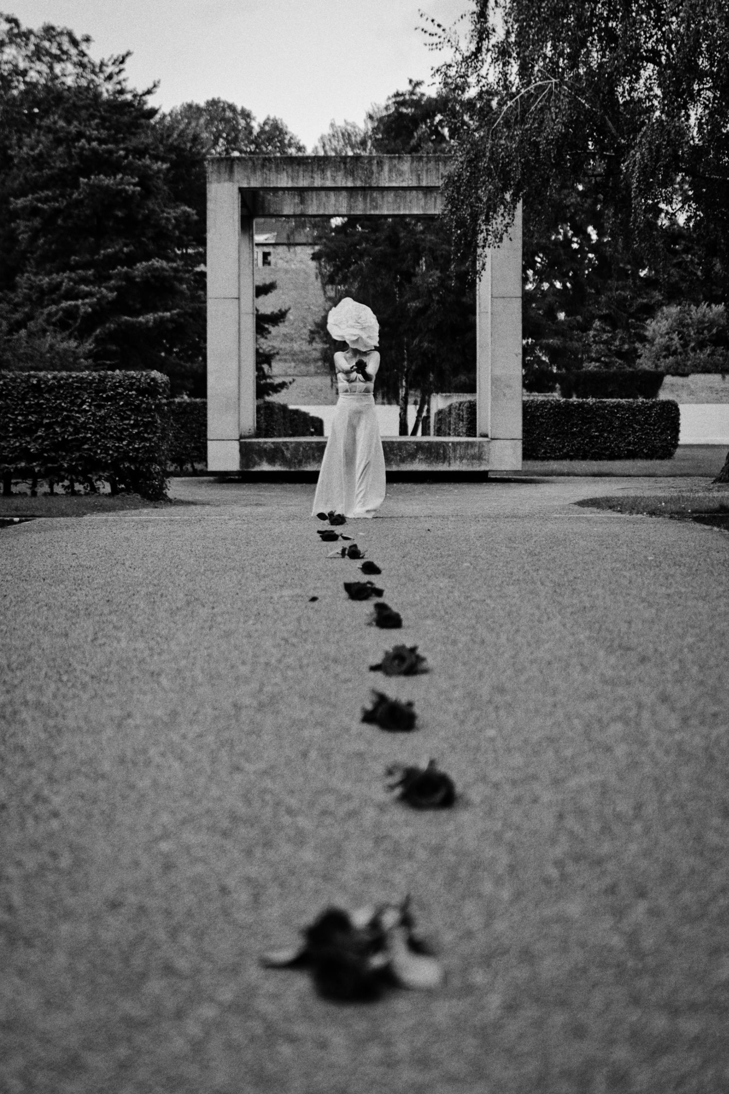 Black and white photo of a woman in a long white dress and large hat walking away along a path of scattered roses toward a stone archway.