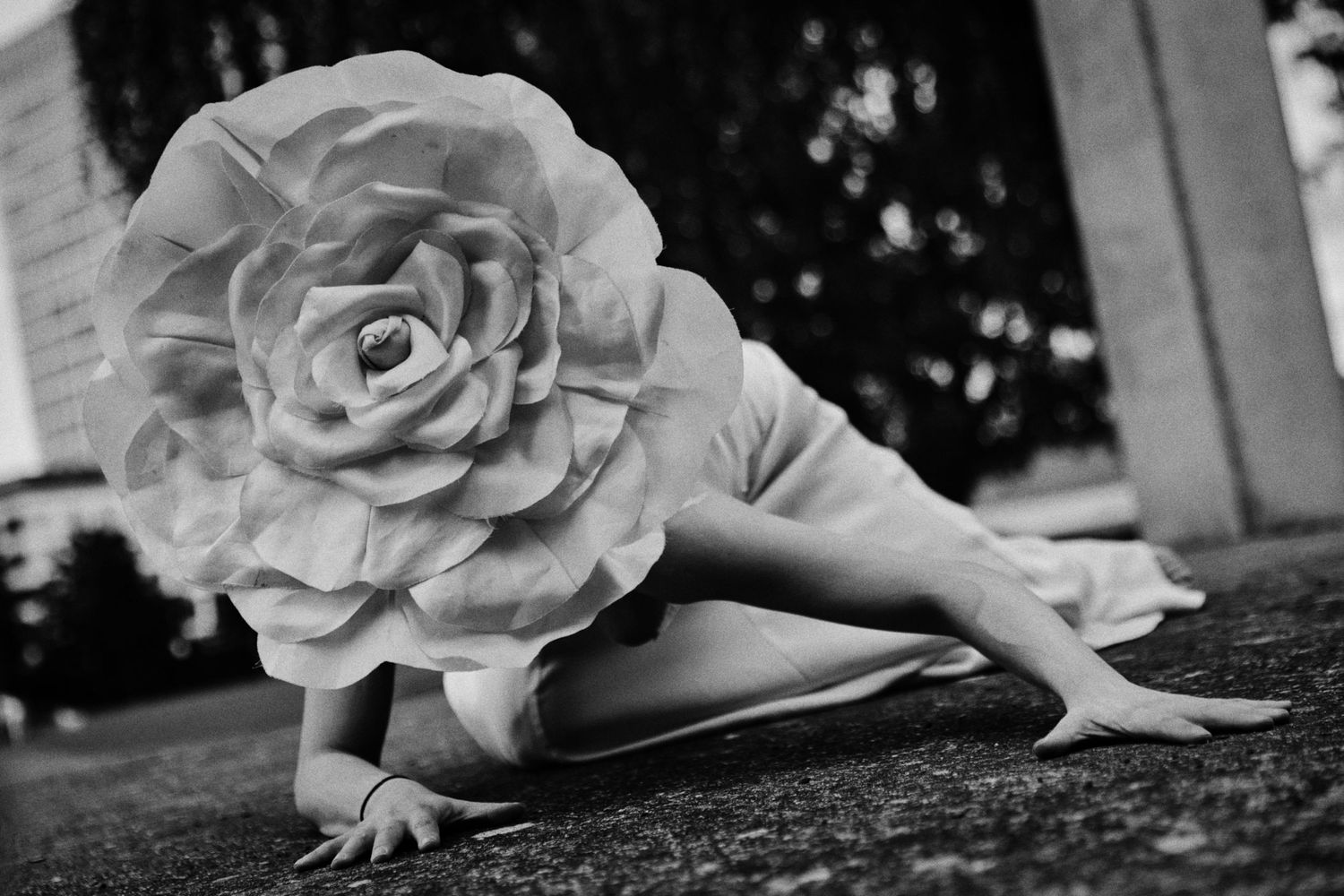 Black and white photo of a person in a white dress crouching on the ground with an oversized rose flower covering their head.