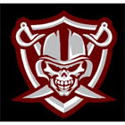Abington Raiders Logo. Black background with a skull knight figure, 2 swords inside a medallion.
