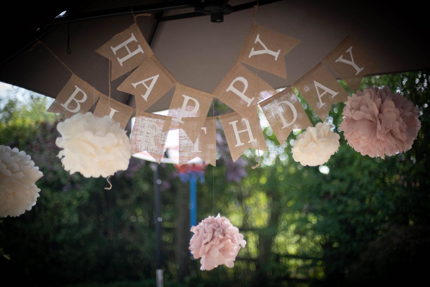 Decorative Happy Birthday bunting banner with pink and cream tissue paper pom poms.