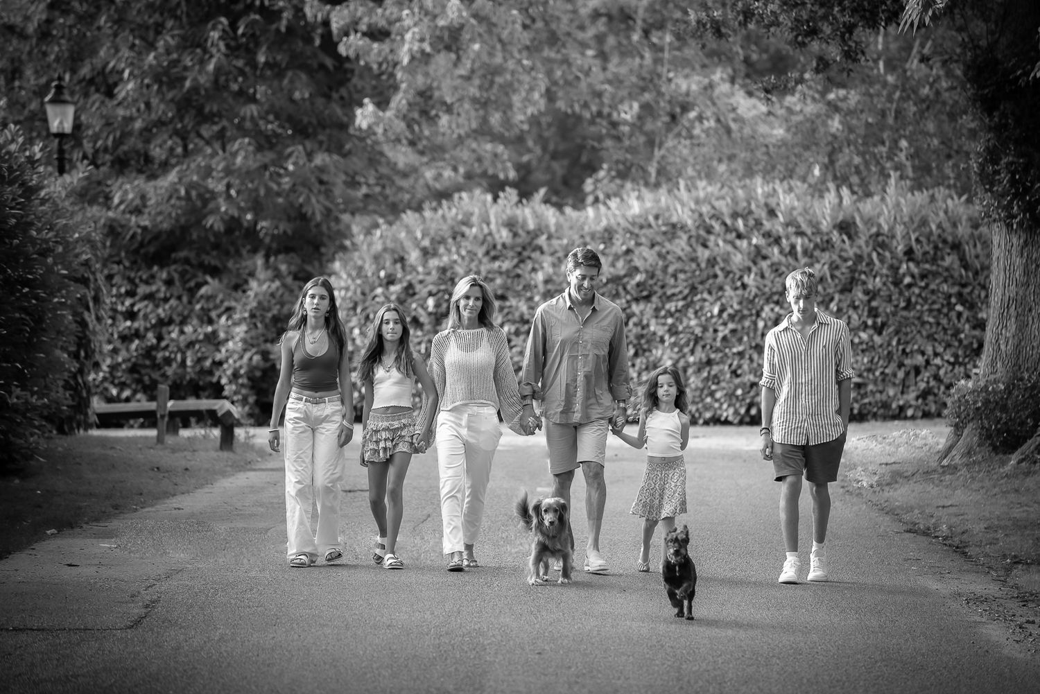 Family of six walking dogs down tree-lined path in black and white.