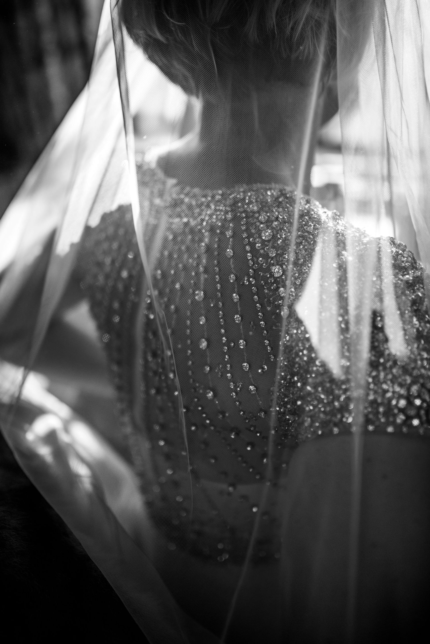 Artistic black and white bridal photo showing crystal-beaded wedding dress back beneath flowing veil.