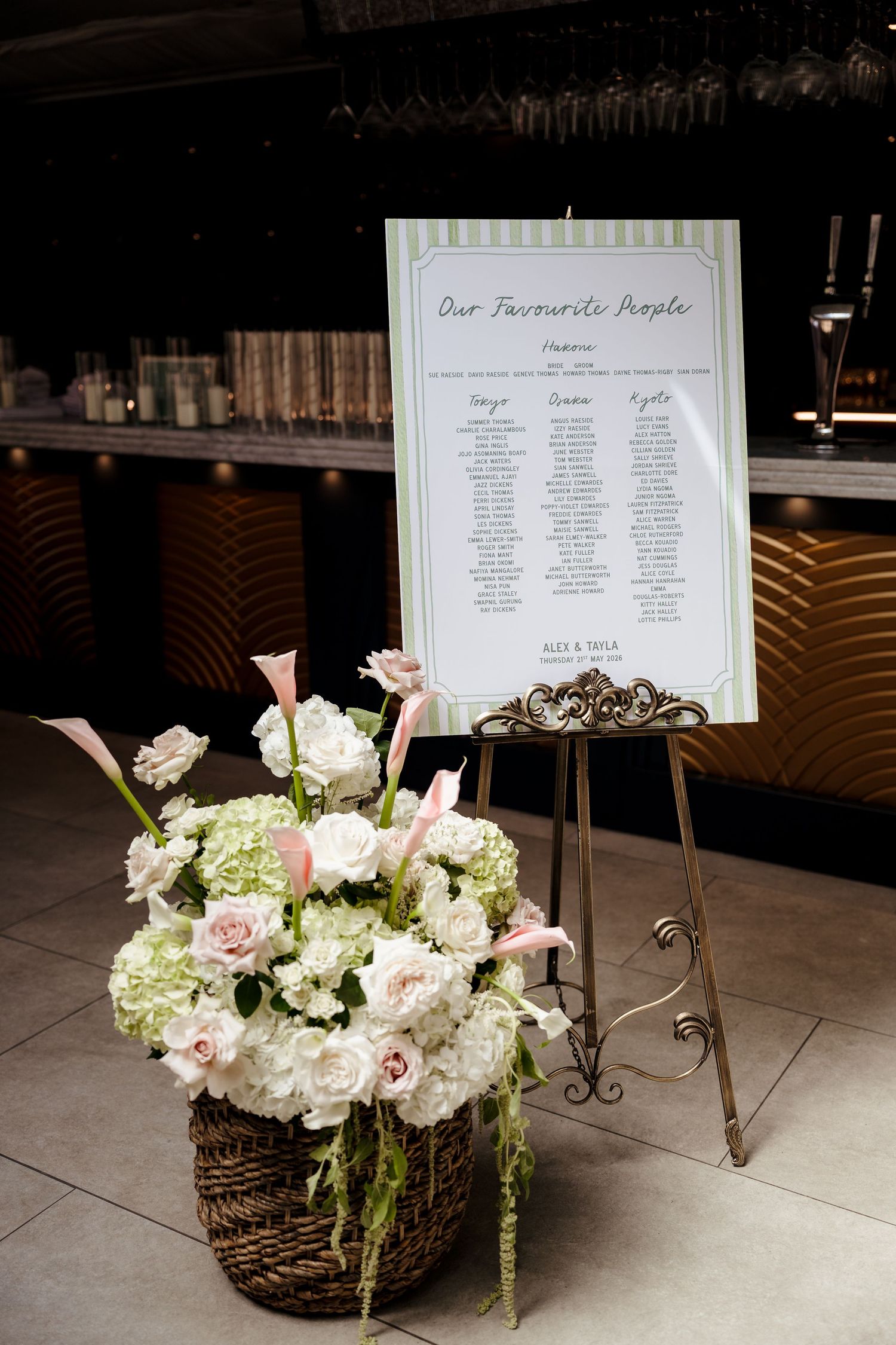 Elegant wedding seating chart on easel with lush white and pink floral arrangement in wicker basket.