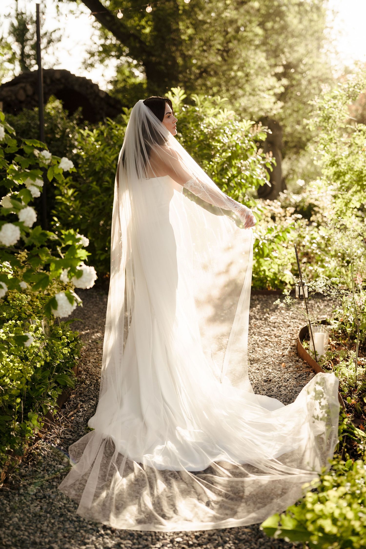 Elegant bride in a fitted white lace gown holds her cathedral veil in a sun-drenched garden setting.